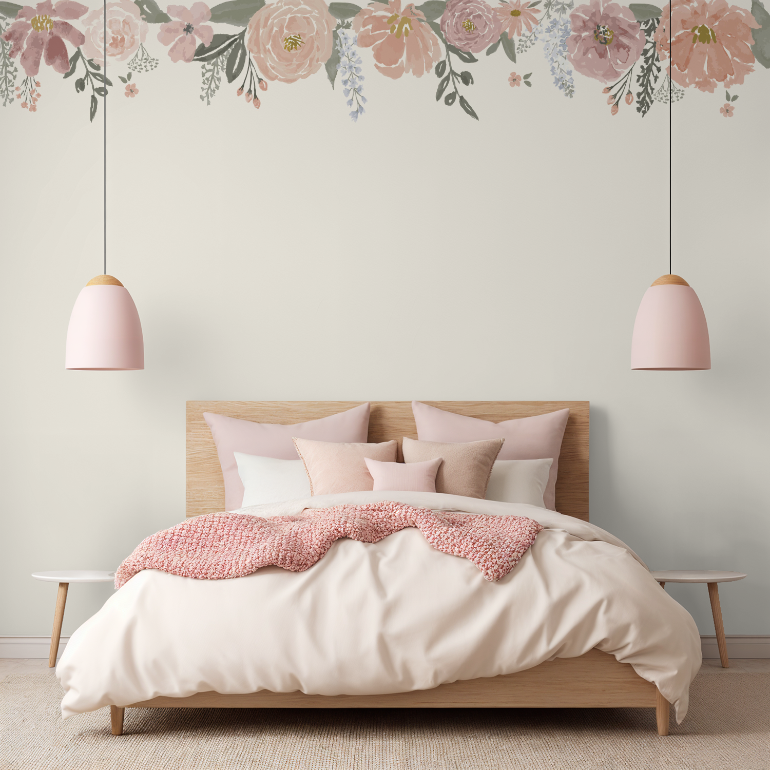 Bedroom with floral wall mural, wooden bed, and pink bedding.