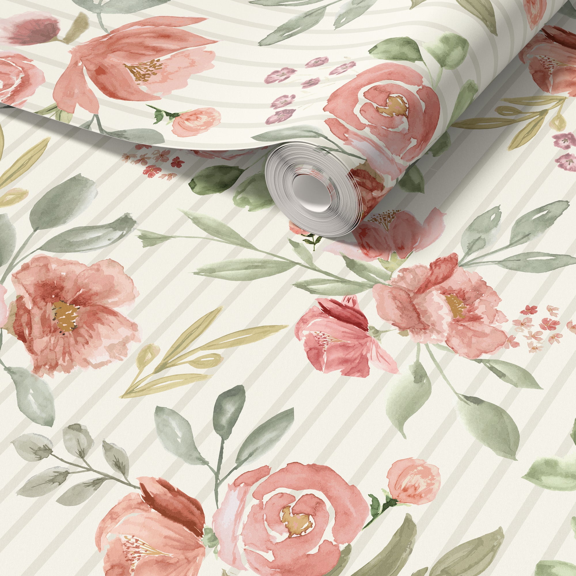 Roll of floral wallpaper with pink flowers and green leaves on a white background