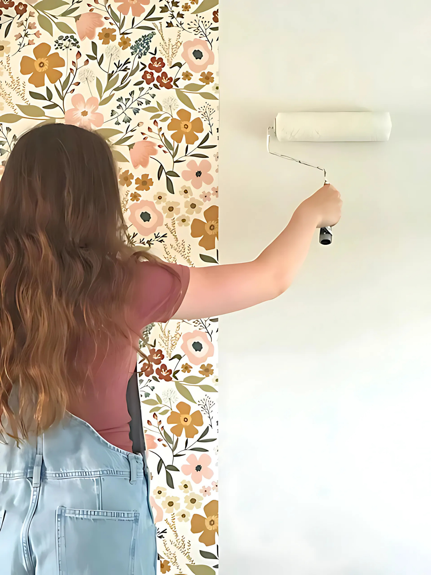 Person applying floral wallpaper to a wall with a paint roller.