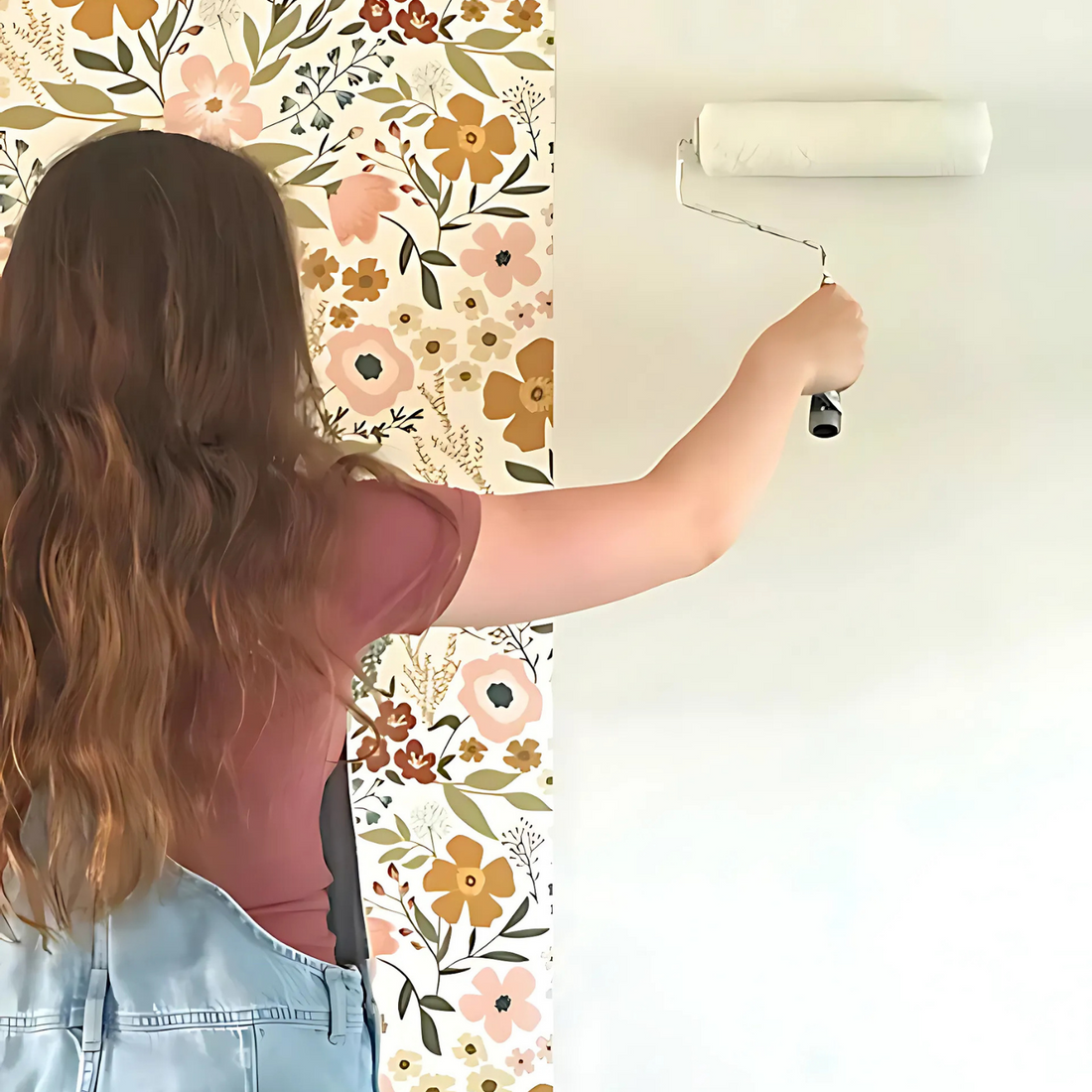 Person applying floral wallpaper to a wall with a roller