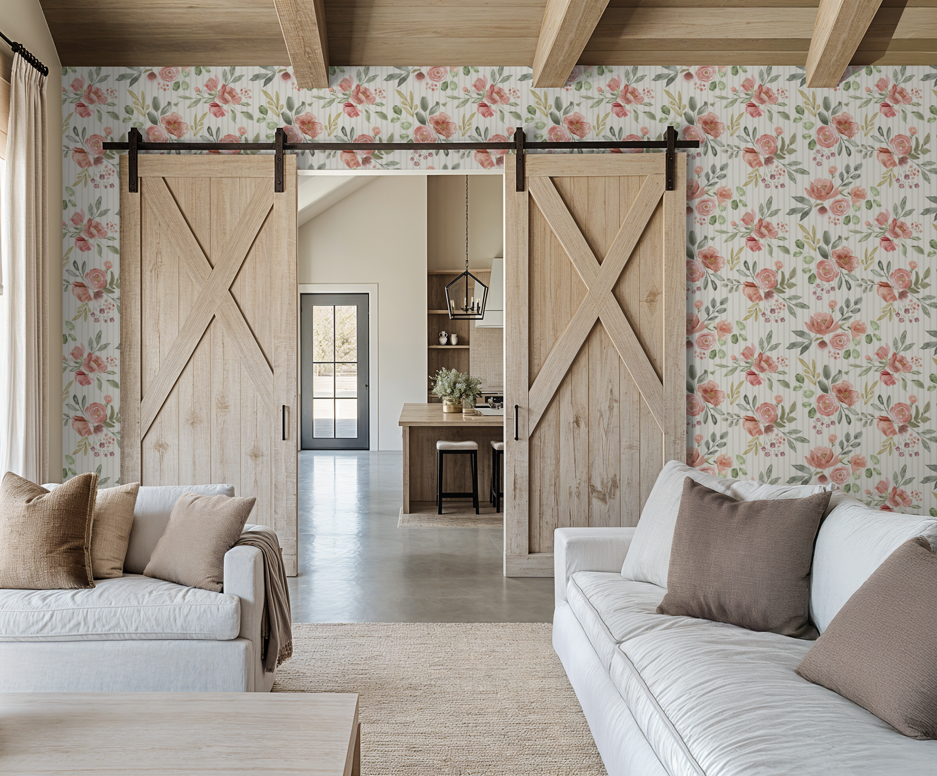 Living room with floral wallpaper, wooden sliding doors, and beige sofas.