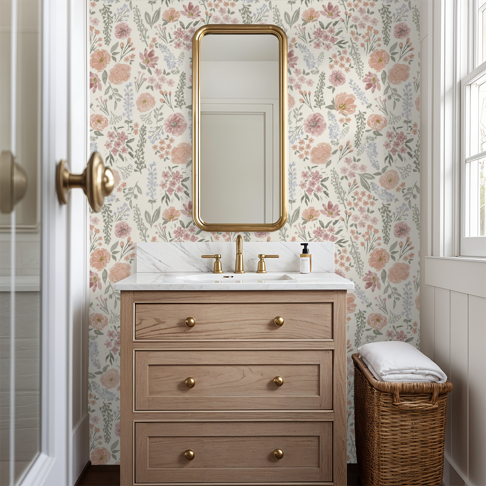 Bathroom with wooden vanity, floral wallpaper, and a window.