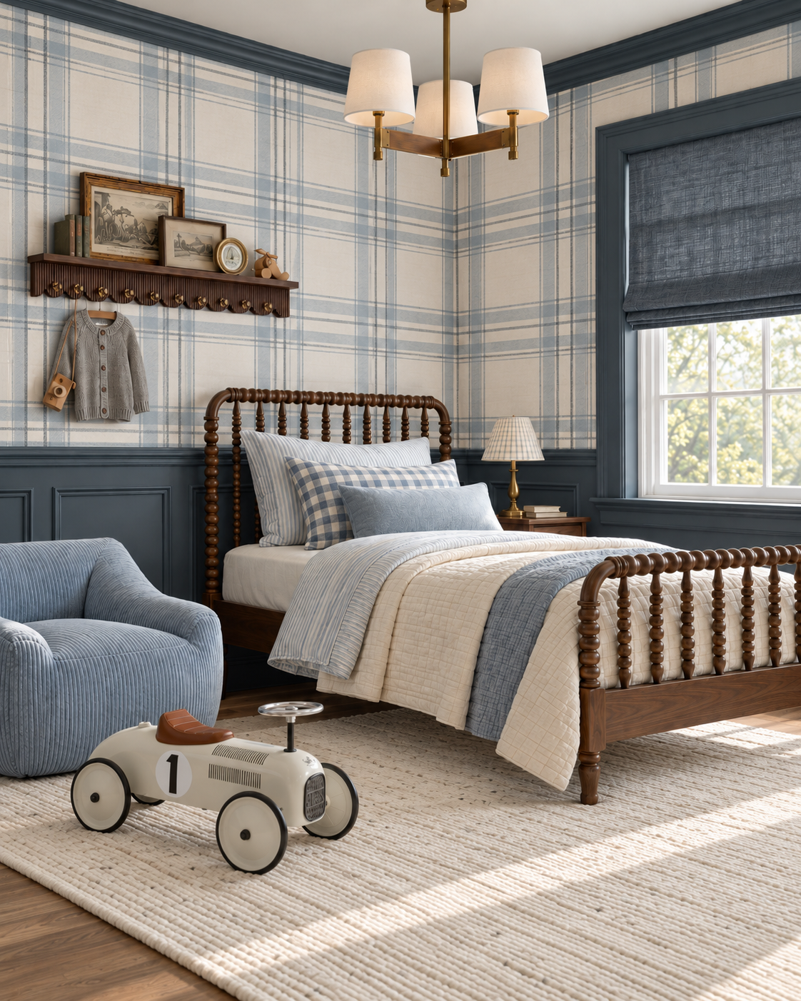 Classic boys' bedroom mood board featuring The Blues Plaid wallpaper by Wildcomb Designs, blue wainscoting, a walnut spindle bed and vintage-inspired decor.