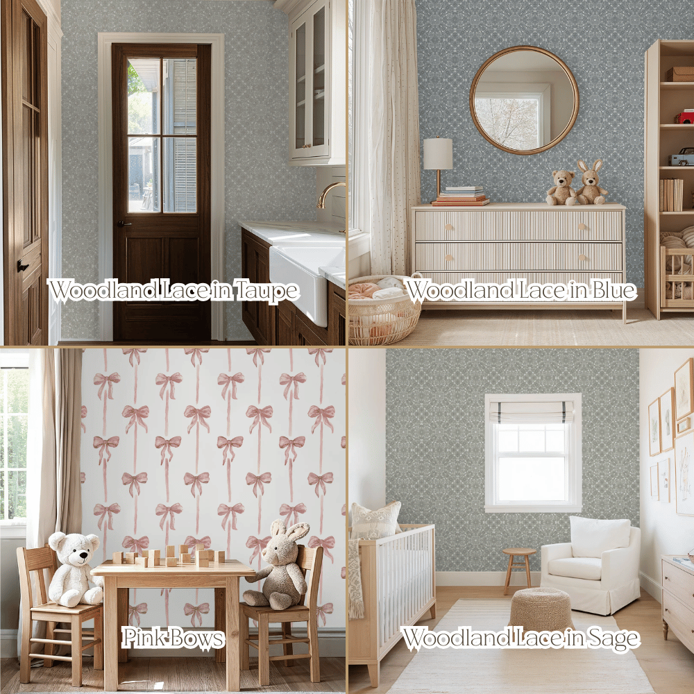 Collage of nursery and kids’ room wallpaper designs featuring delicate woodland lace patterns in taupe, blue, and sage, plus soft pink bow wallpaper — timeless custom nursery décor and personalized wall art options for new and expecting parents creating a cozy, elegant children’s room.