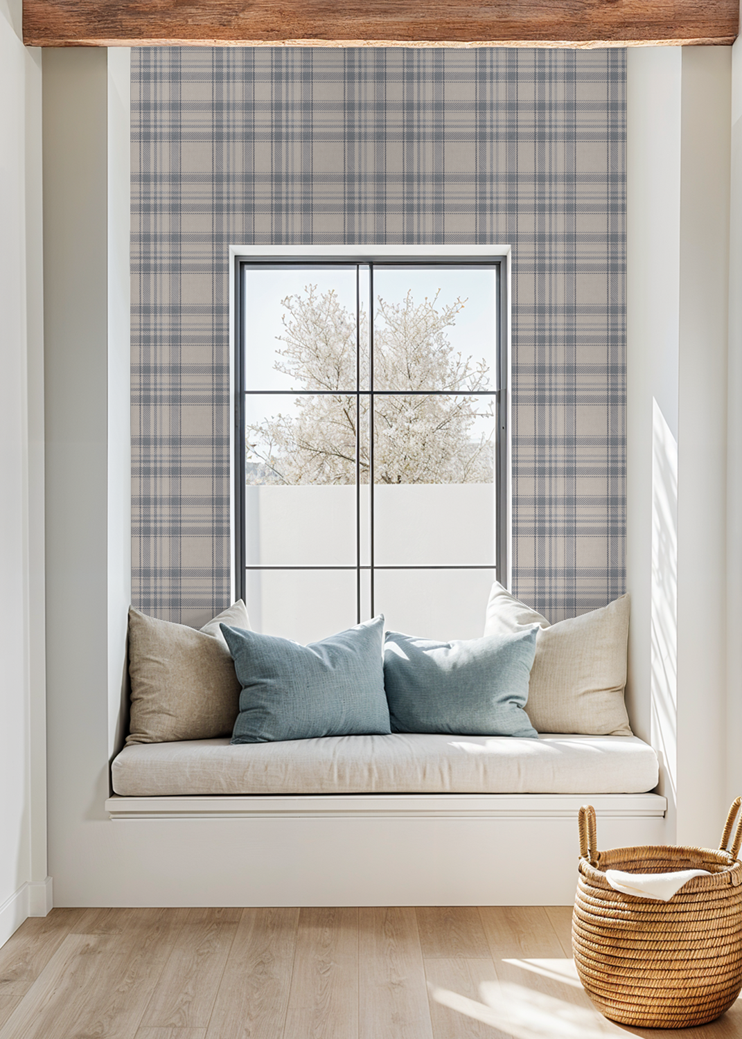 Window seat with cushions and Tweed Plaid - Navy Blues wallpaper in a bright room.