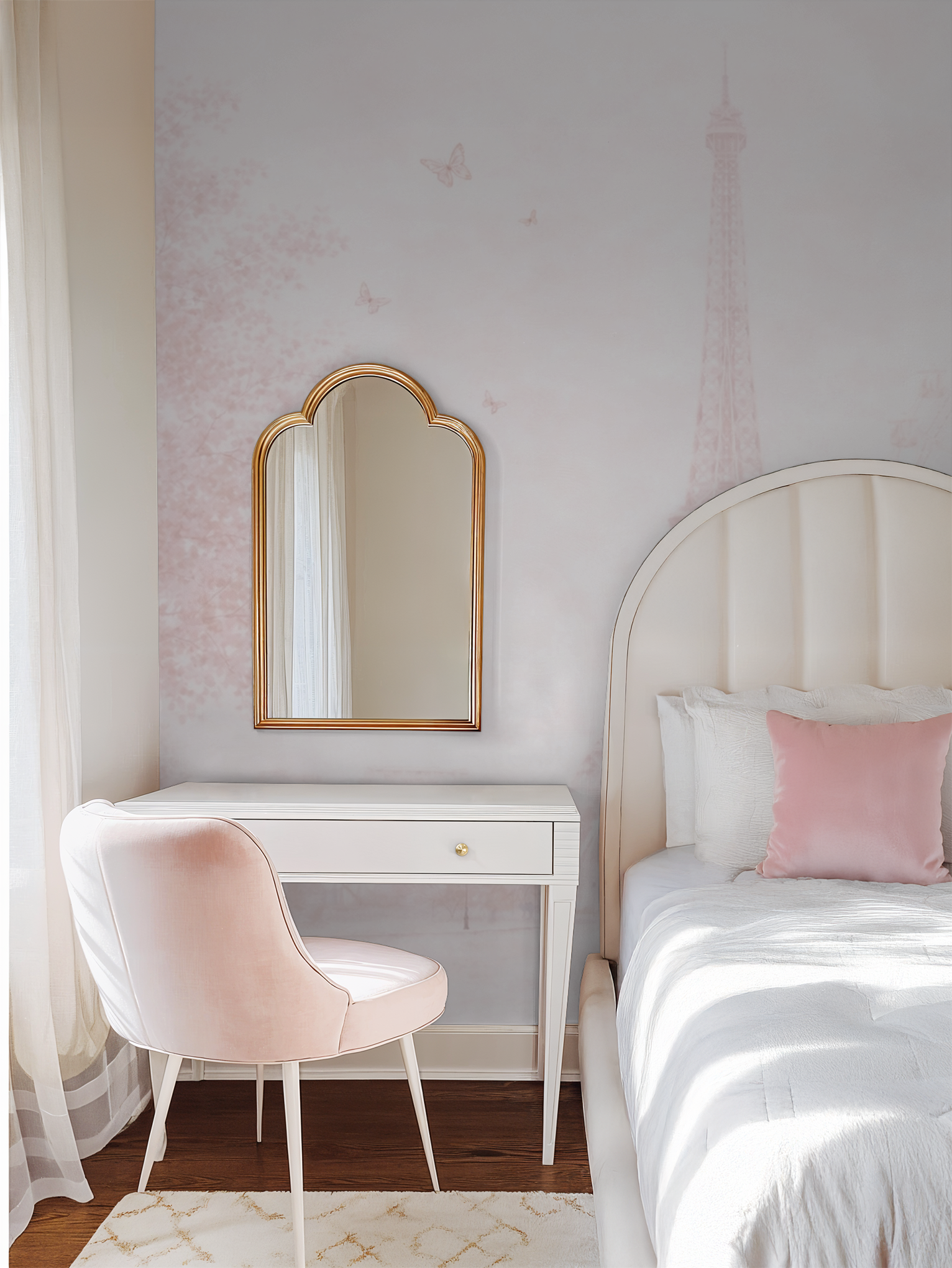 Small bedroom with a vanity table, mirror, and bed with Parisian Dreamscape wallpaper.