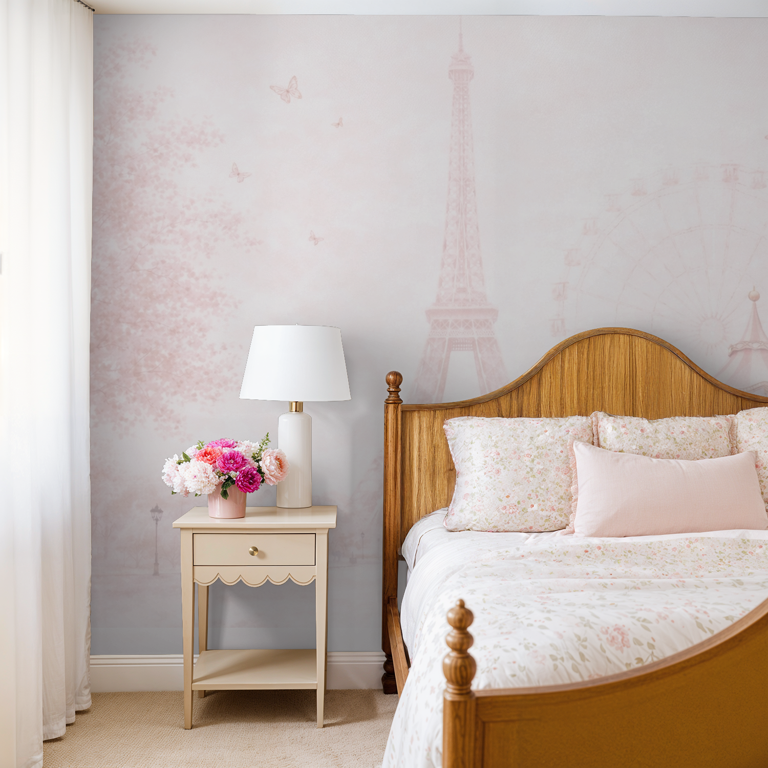 Bedroom with wooden bed, nightstand, and lamp against a Parisian Dreamscape wallpaper mural.