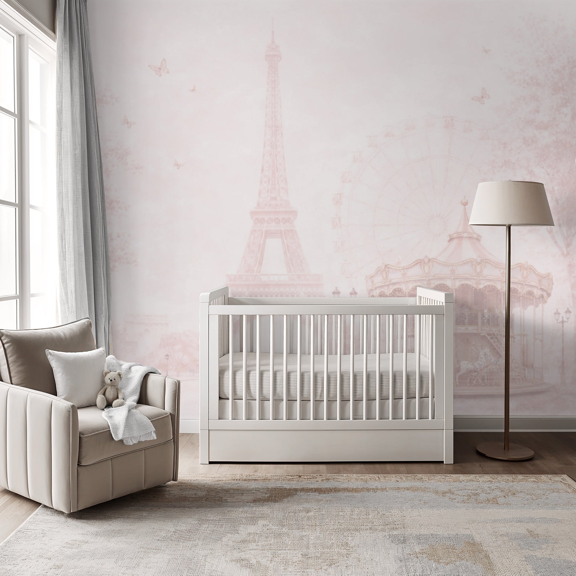 Nursery room with a white crib, beige chair, and Parisian Dreamscape wallpaper mural.