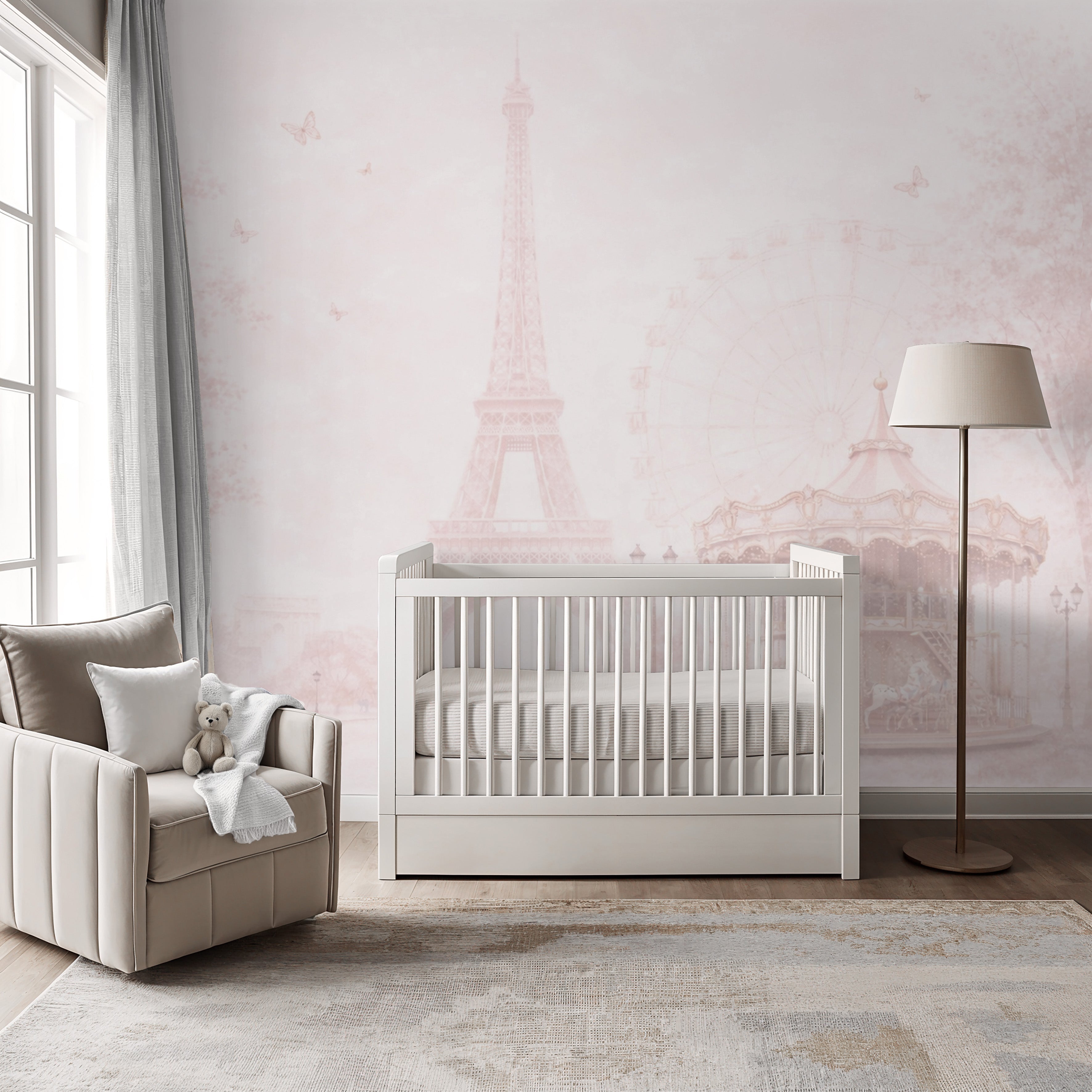 Nursery room with a white crib, beige chair, and Parisian Dreamscape wallpaper mural.