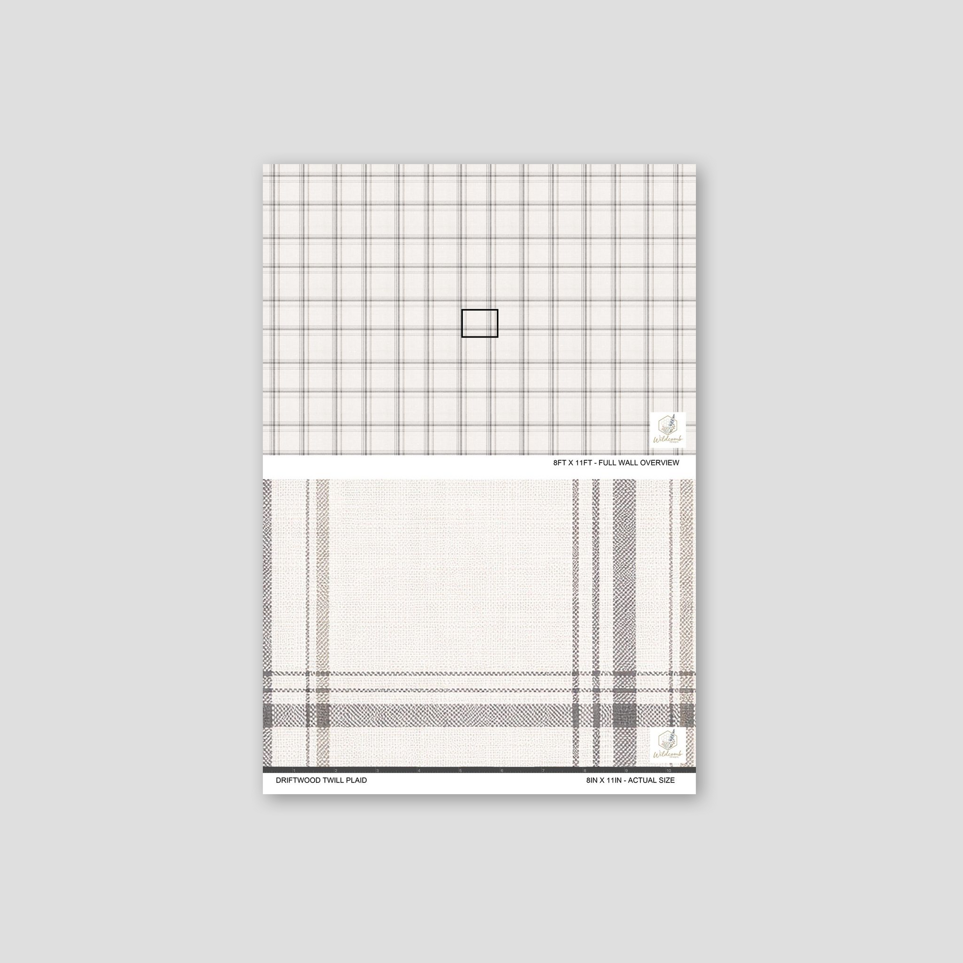 Full Wall Overview of the Driftwood Twill Plaid wallpaper on a light gray background.