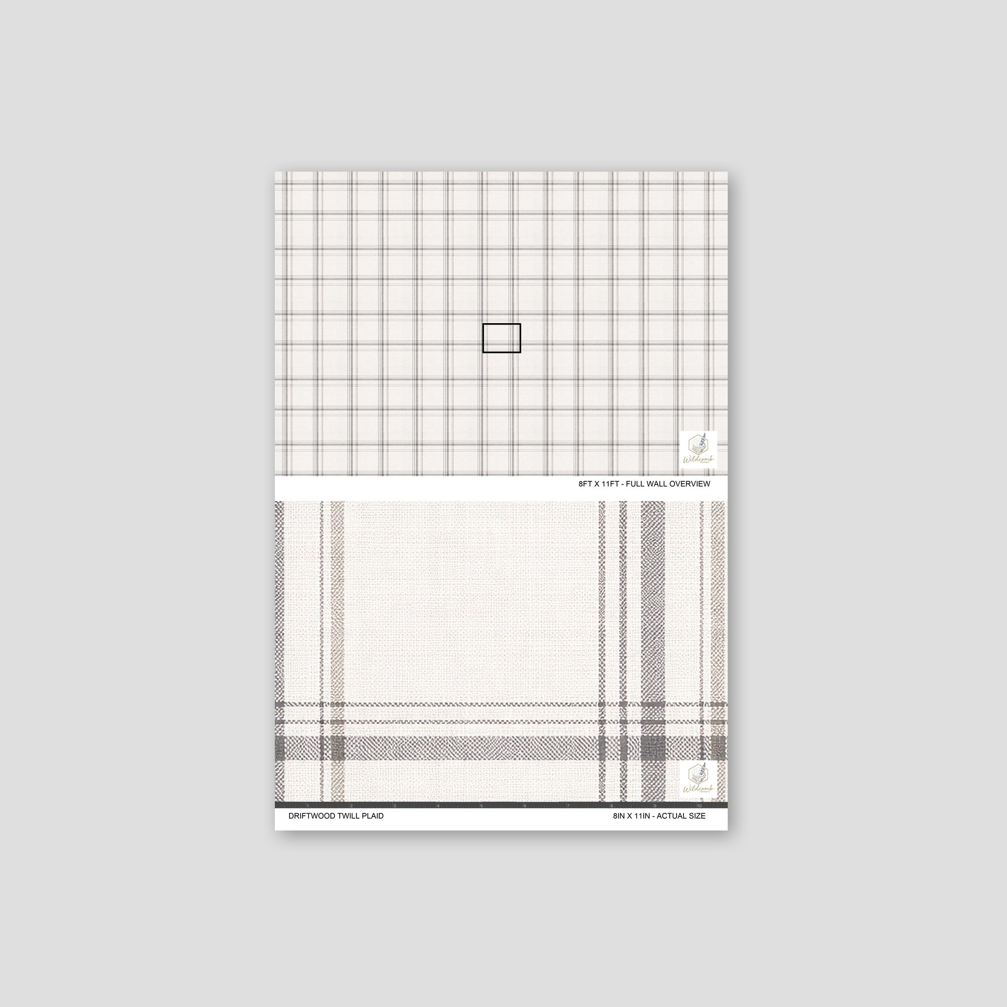 Full Wall Overview of the Driftwood Twill Plaid wallpaper on a light gray background.