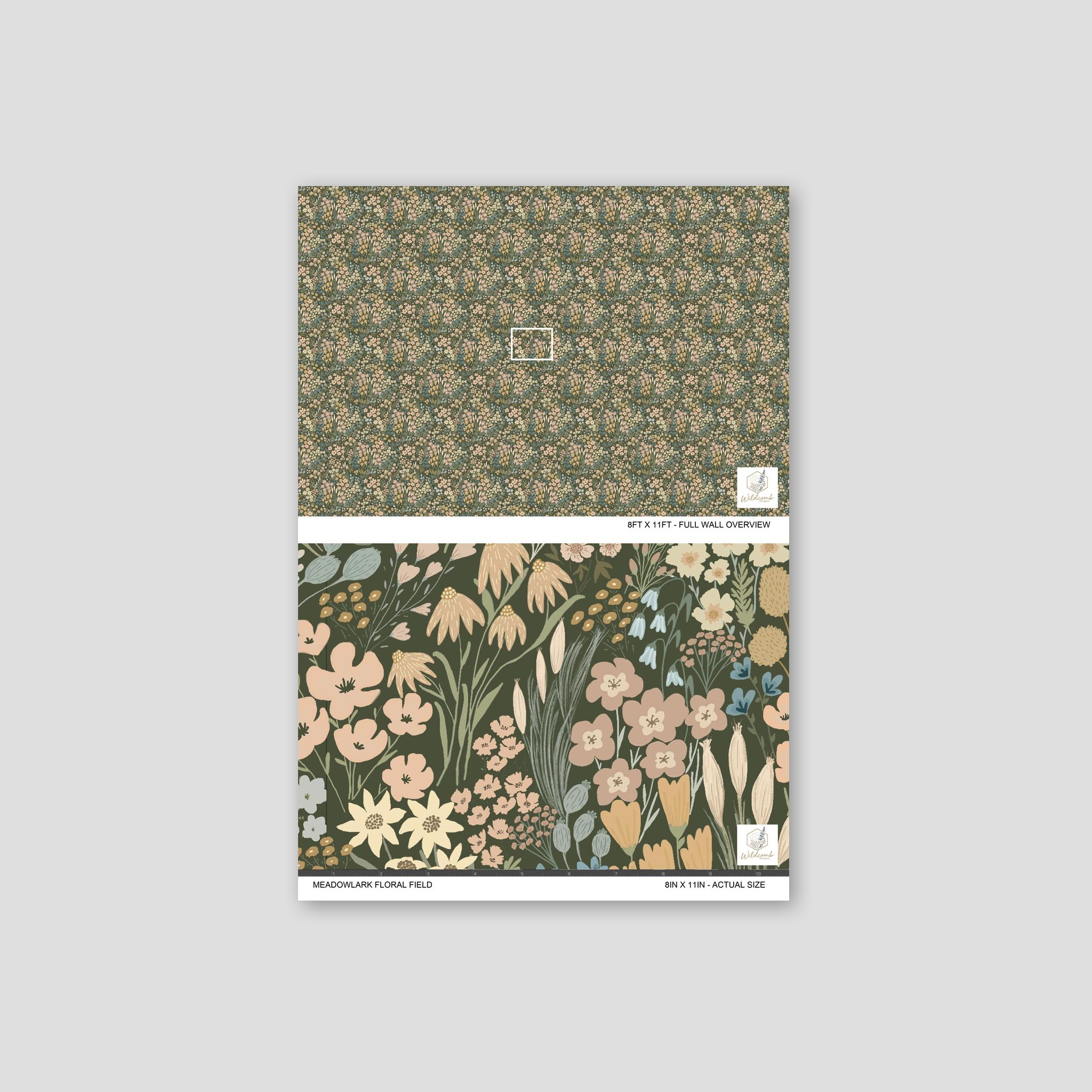 8FT x 11FT - Full wall overview of the Meadowlark Floral Field wallpaper on a gray background.