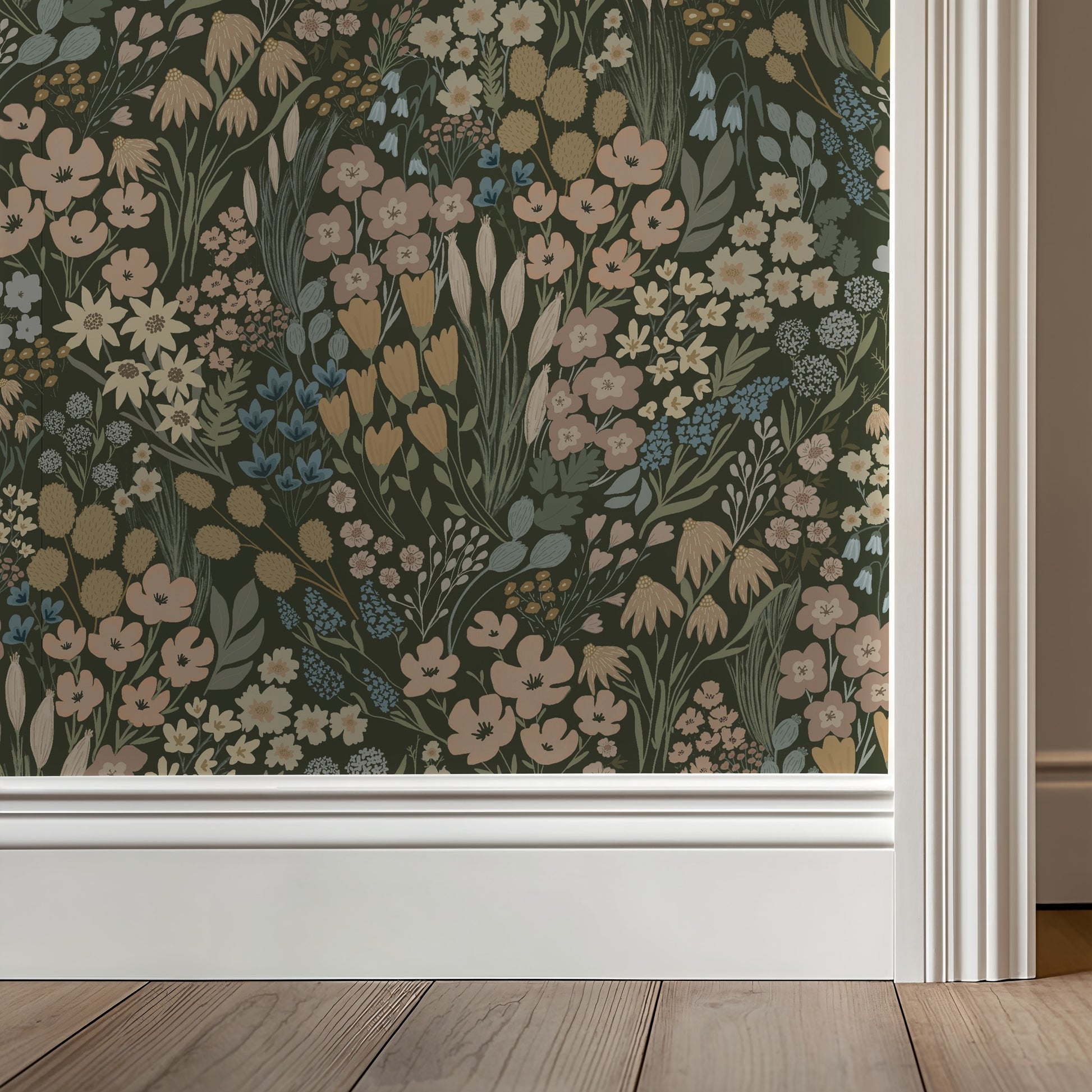 Meadowlark Floral Field wallpaper in a room with wooden flooring.
