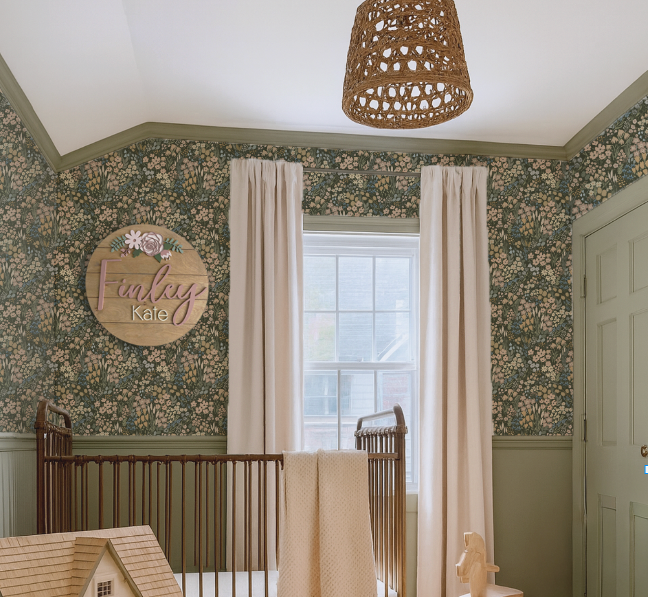 Nursery room with Meadowlark Floral Field wallpaper, crib, and window.