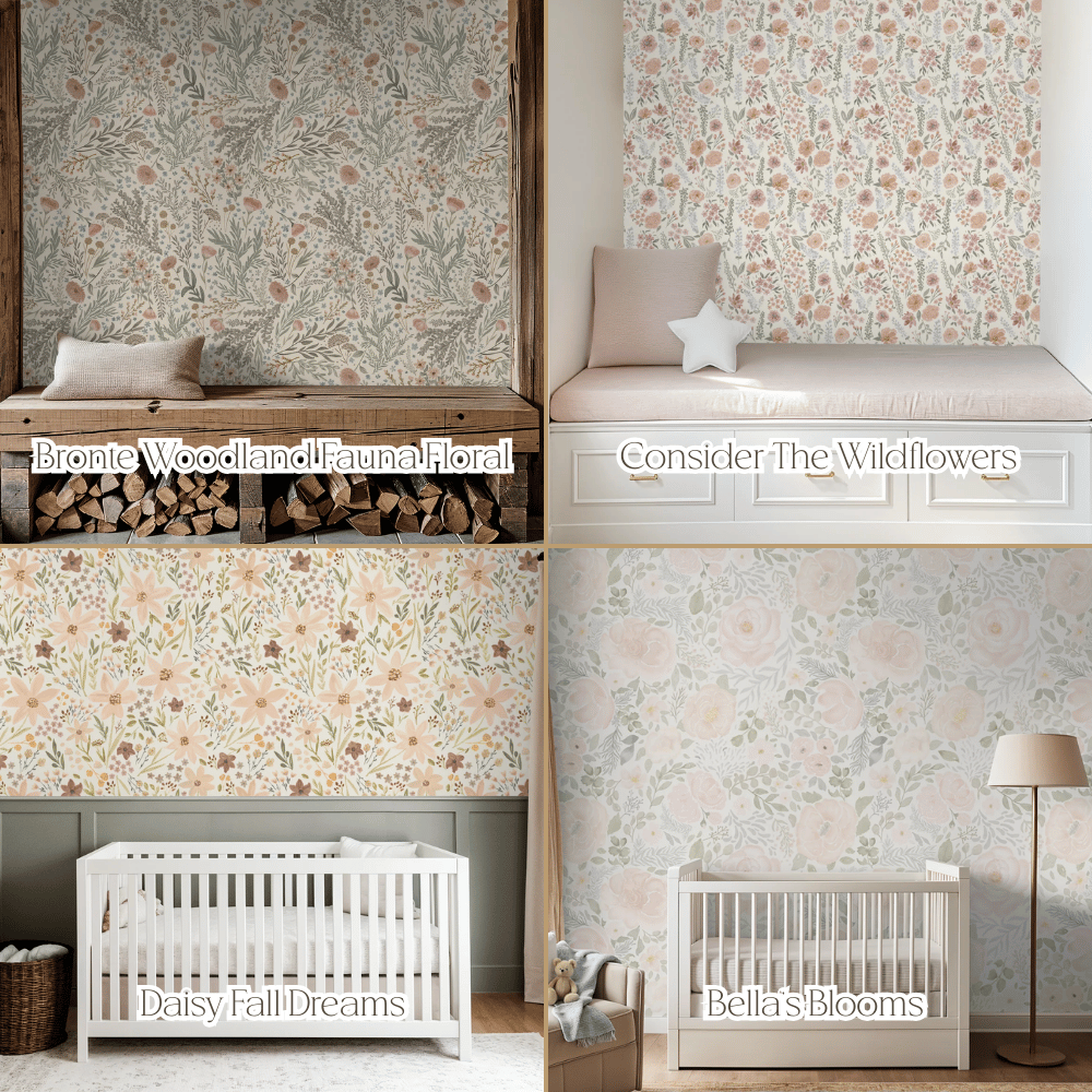 Collage of floral nursery wallpaper designs styled in cozy baby rooms, featuring hand-drawn woodland botanicals, soft blush roses, and delicate wildflowers in sage and neutral tones — custom nursery décor and personalized kids’ room wallpaper perfect for new and expecting parents creating a warm, timeless space.