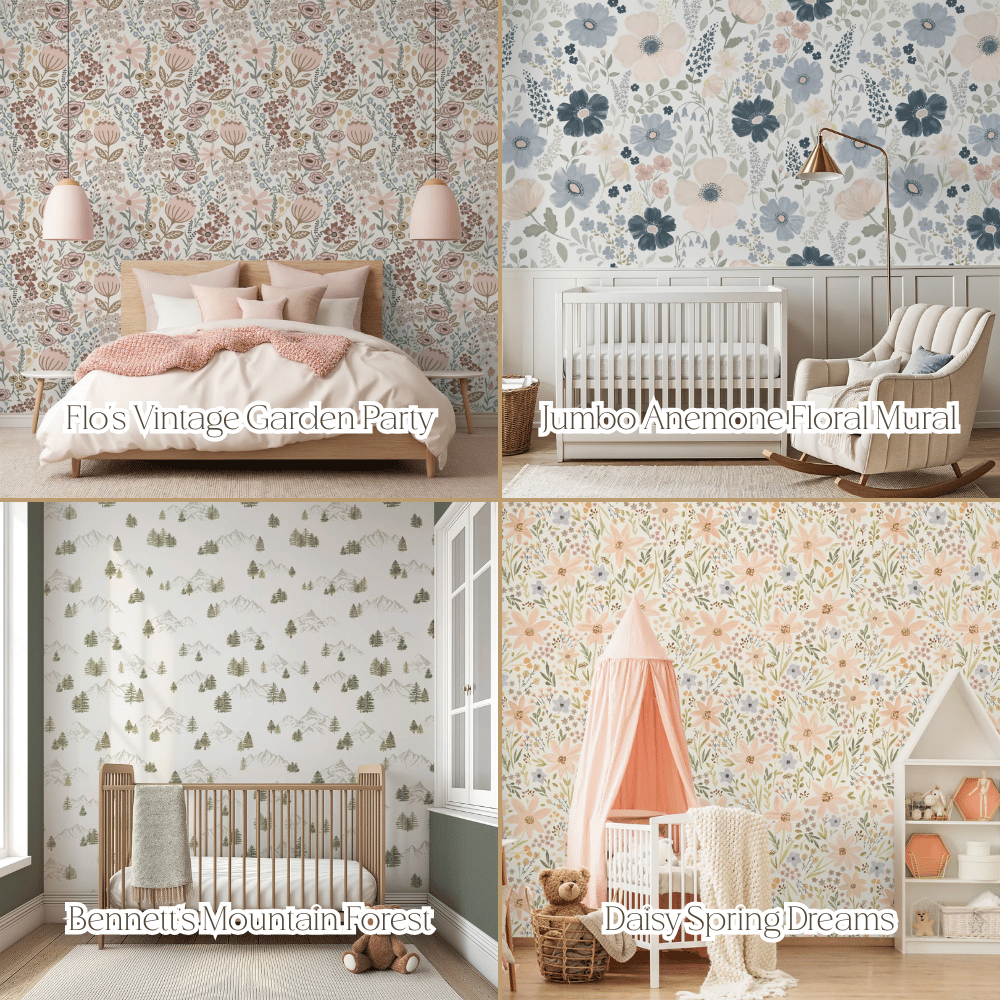 Collage of nursery wallpaper designs featuring vintage garden florals, oversized anemone blooms, woodland mountain forest patterns, and soft daisy botanicals — artist-drawn custom nursery décor and personalized wall art options for baby rooms and timeless kids’ room styling.