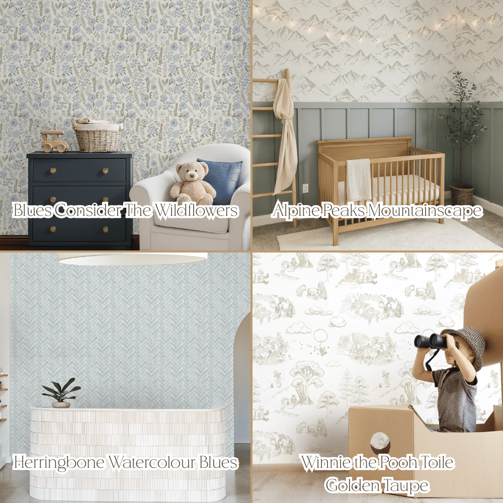 Collage of nursery wallpaper designs including soft blue wildflowers, alpine mountain peaks, watercolor herringbone pattern, and classic toile illustration in golden taupe — custom nursery décor and personalized kids’ room wallpaper ideas for creating a calm, storybook-inspired baby room.