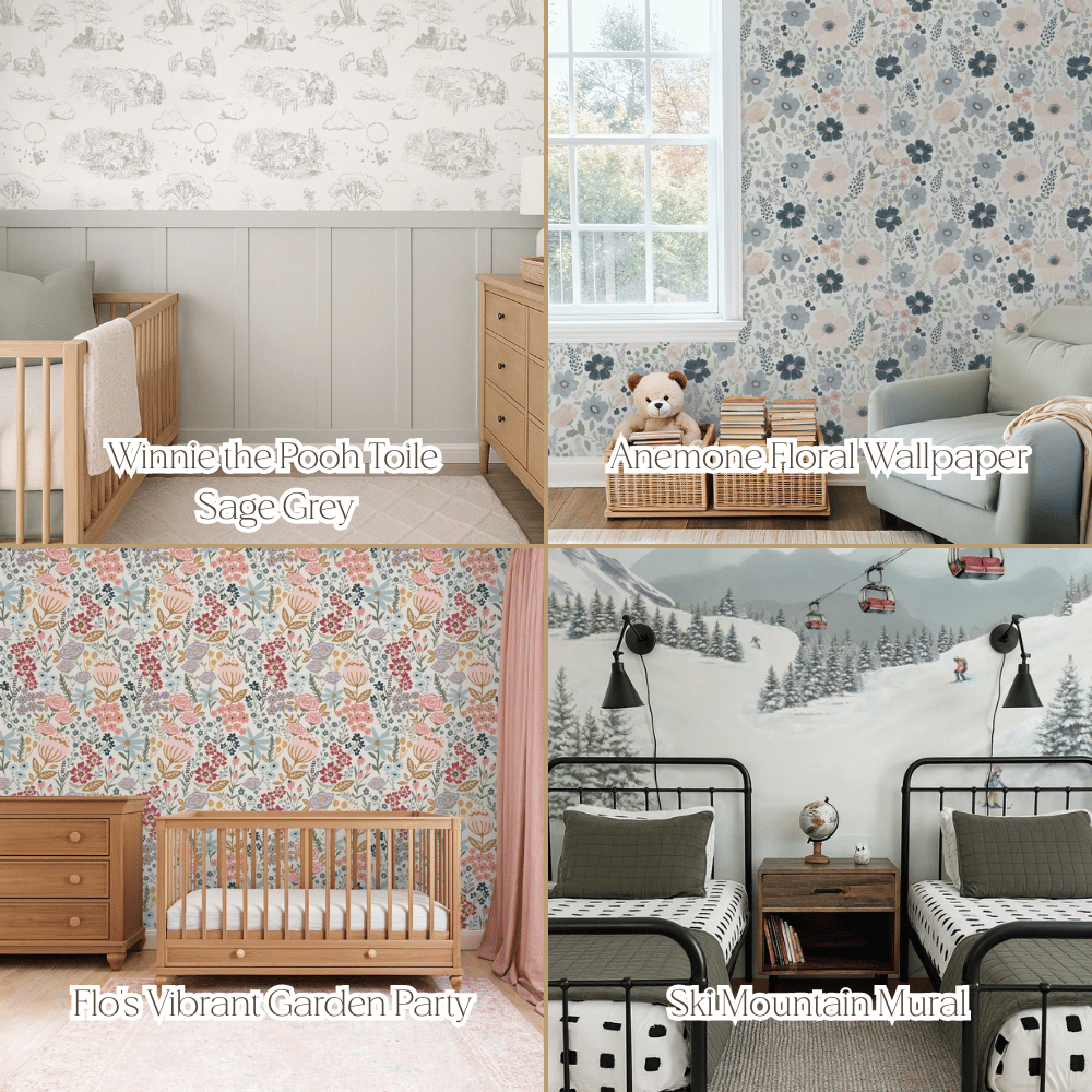 Collage of nursery wallpaper designs featuring classic Winnie the Pooh toile in sage grey, bold anemone florals, vibrant vintage garden blooms, and a ski mountain mural — custom nursery décor and personalized kids’ room wallpaper ideas for creating a cozy, storybook-inspired baby space.