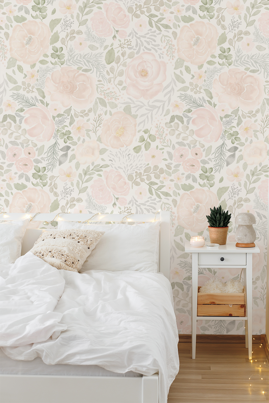 Bedroom with floral wallpaper, bed, and side table.