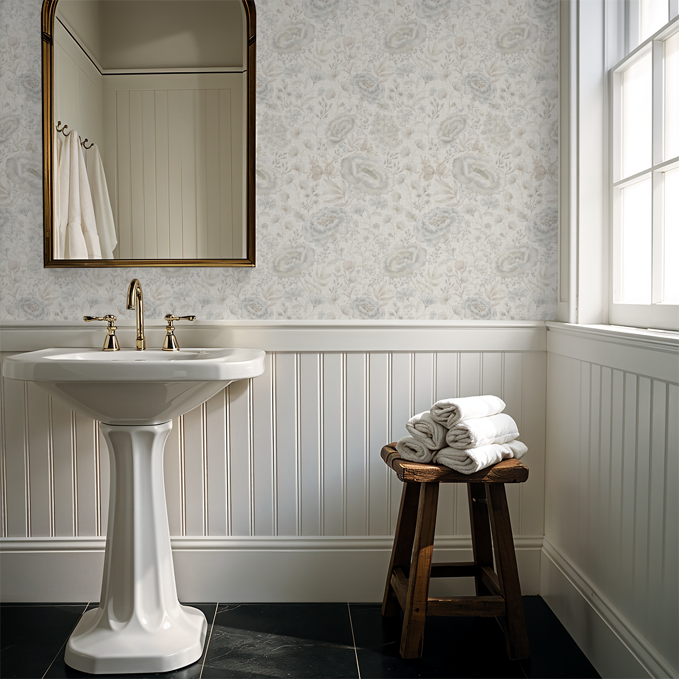 Bathroom with pedestal sink, wooden stool with towels, and decorative wallpaper.