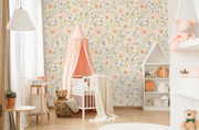 Children's room with floral wallpaper, crib, and toys.