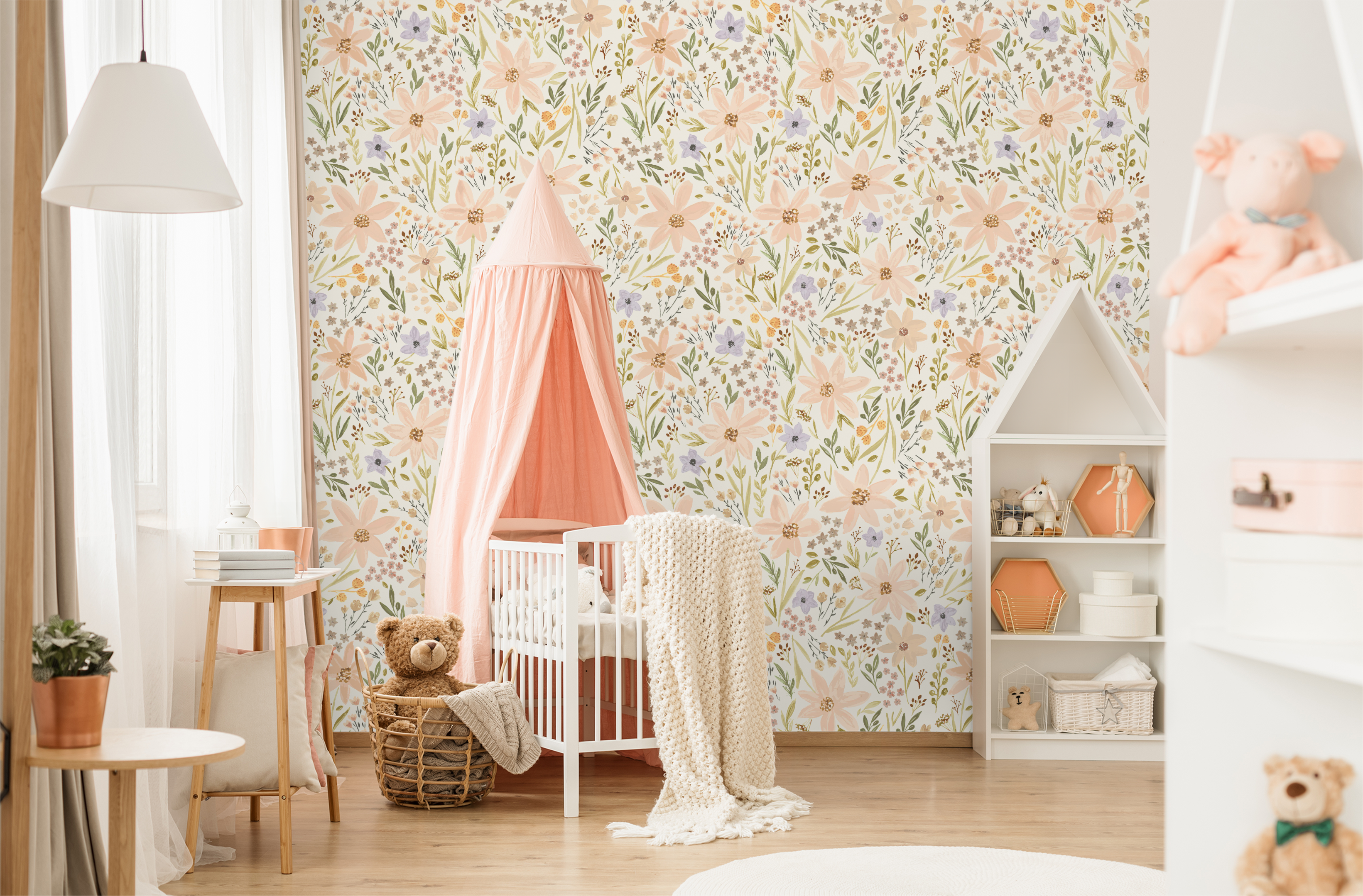 Children's room with floral wallpaper, crib, and toys.