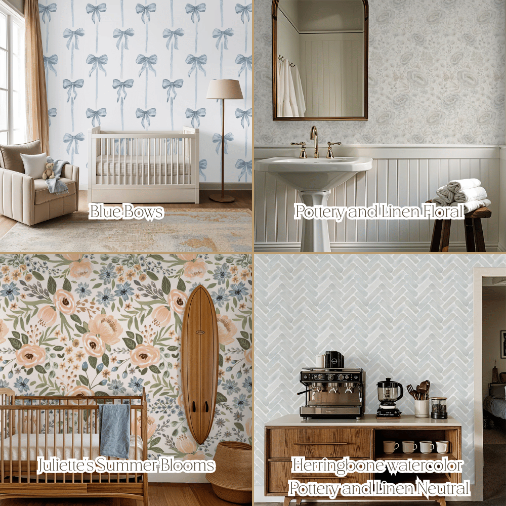 Collage of nursery and home wallpaper designs featuring soft blue bow wallpaper, delicate neutral florals, oversized summer blooms, and watercolor herringbone patterns — artist-drawn custom nursery décor and personalized wall art for baby rooms, kids’ spaces, and timeless family homes.