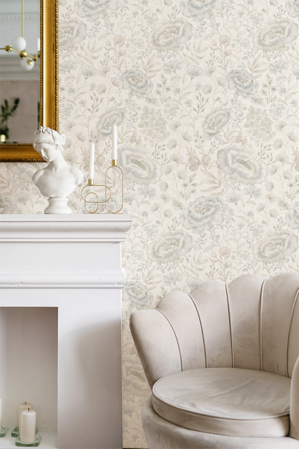 Decorative wall with paisley pattern, white fireplace, and beige armchair.