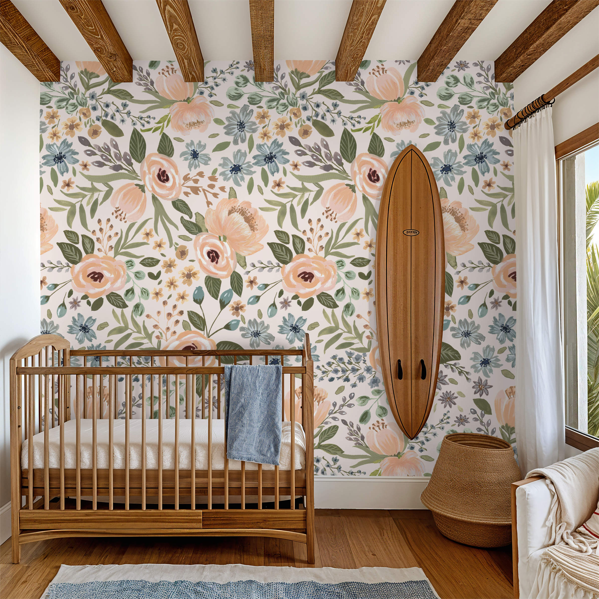Nursery room with floral wallpaper, wooden crib, and surfboard