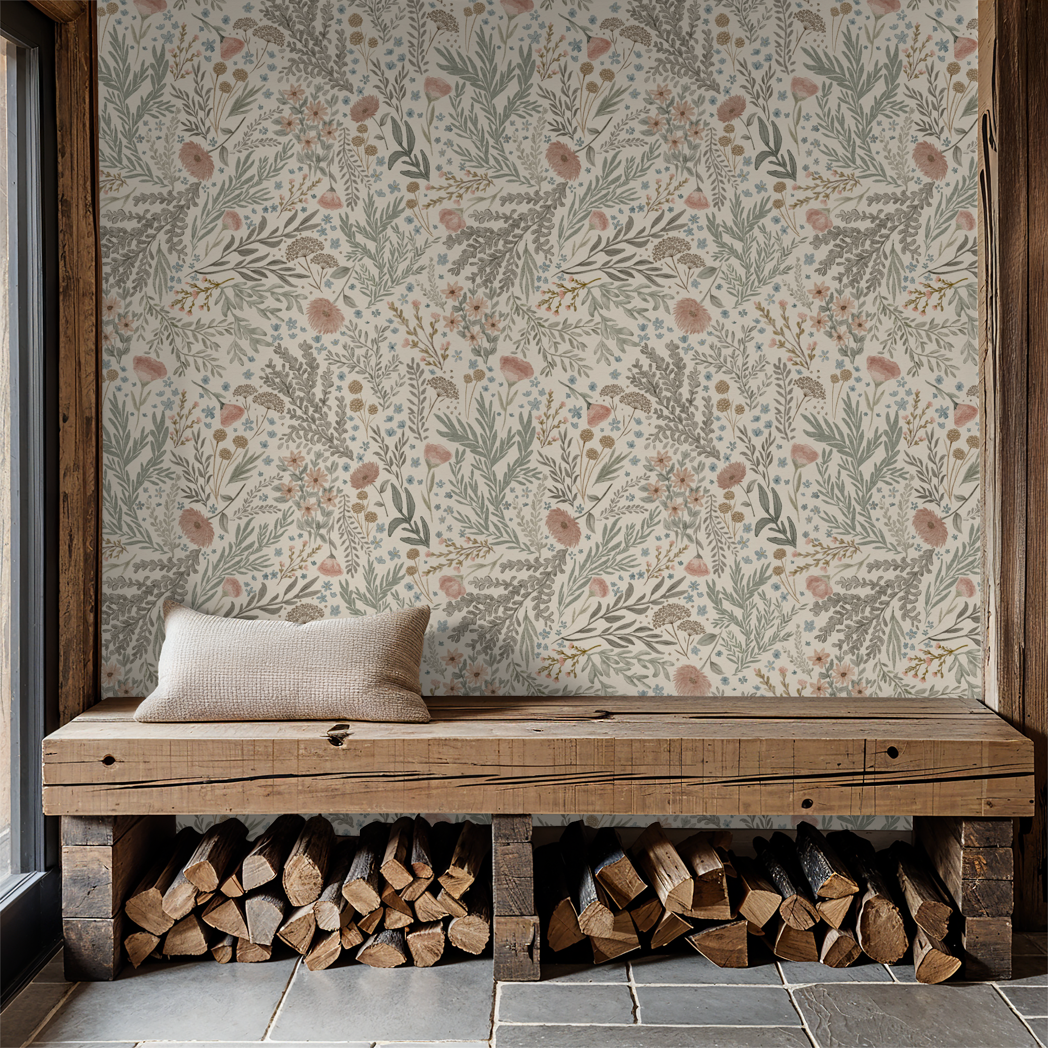 Wooden bench with stacked firewood against a floral-patterned wall.