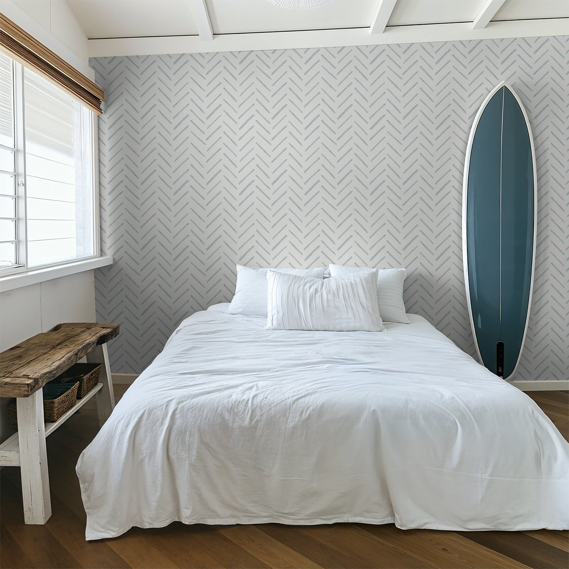 Modern Blue Watercolor Herringbone Wallpaper – Hand-Painted Chevron Style