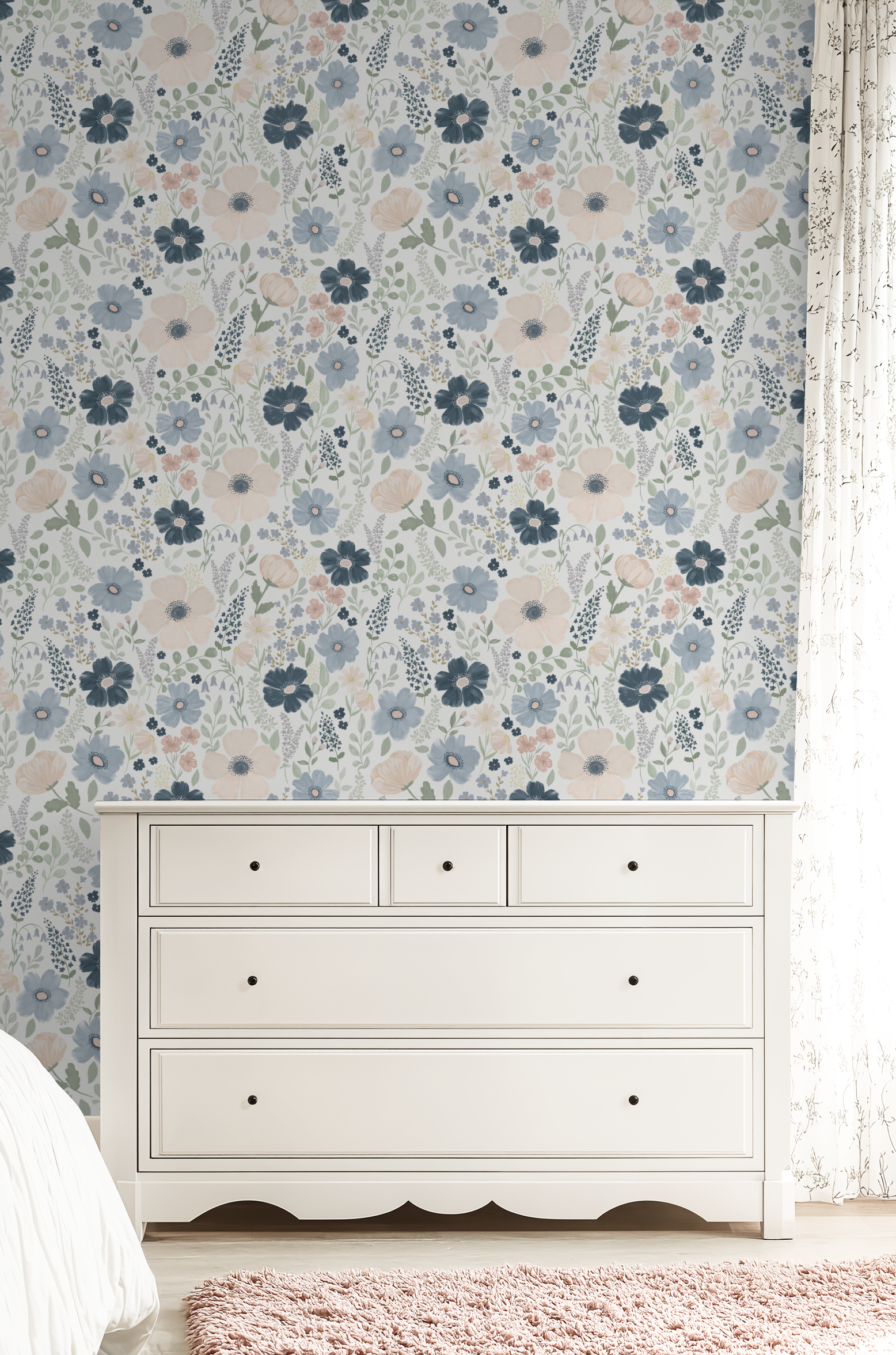Anemone Floral Wallpaper – Blue and Blush Gouache Design