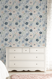 Anemone Floral Wallpaper – Blue and Blush Gouache Design