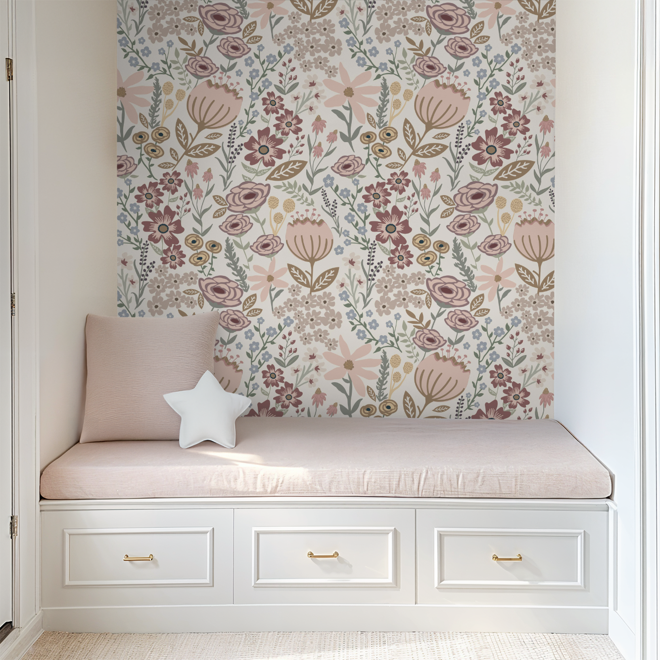 Window seat with floral wallpaper and decorative pillow