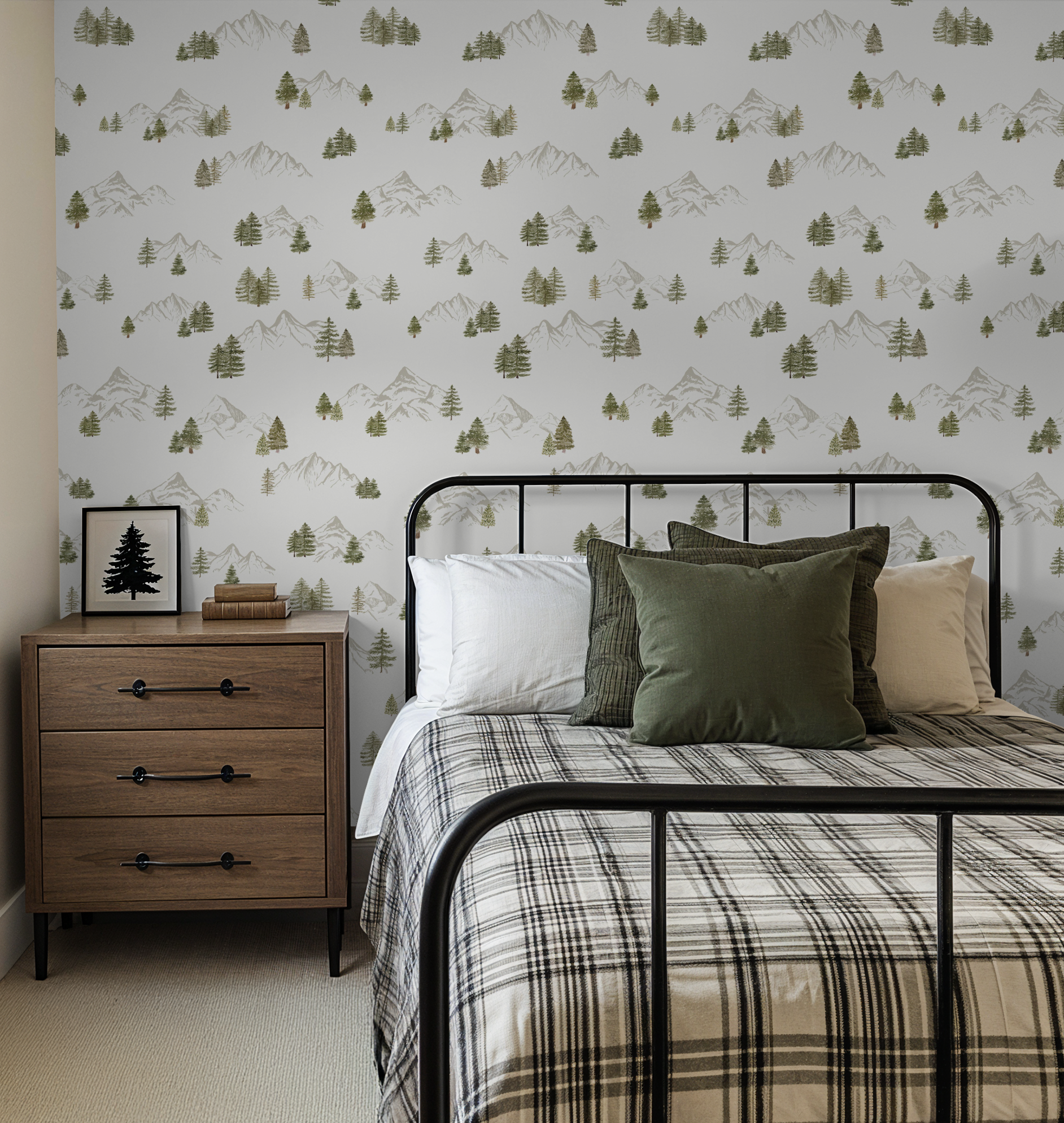 Teen Bedroom with plaid bedding, rustic wooden nightstand, and mountain-patterned wallpaper with painted evergreen trees on it