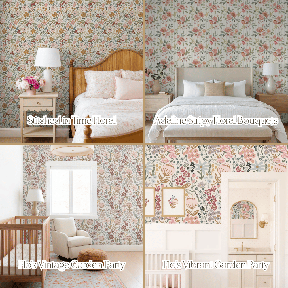 Collage of romantic floral nursery wallpaper designs featuring vintage garden blooms, soft striped rose bouquets, and vibrant botanical patterns — artist-drawn custom nursery décor and personalized wall art for baby girls’ rooms, cozy nurseries, and timeless kids’ bedroom styling.