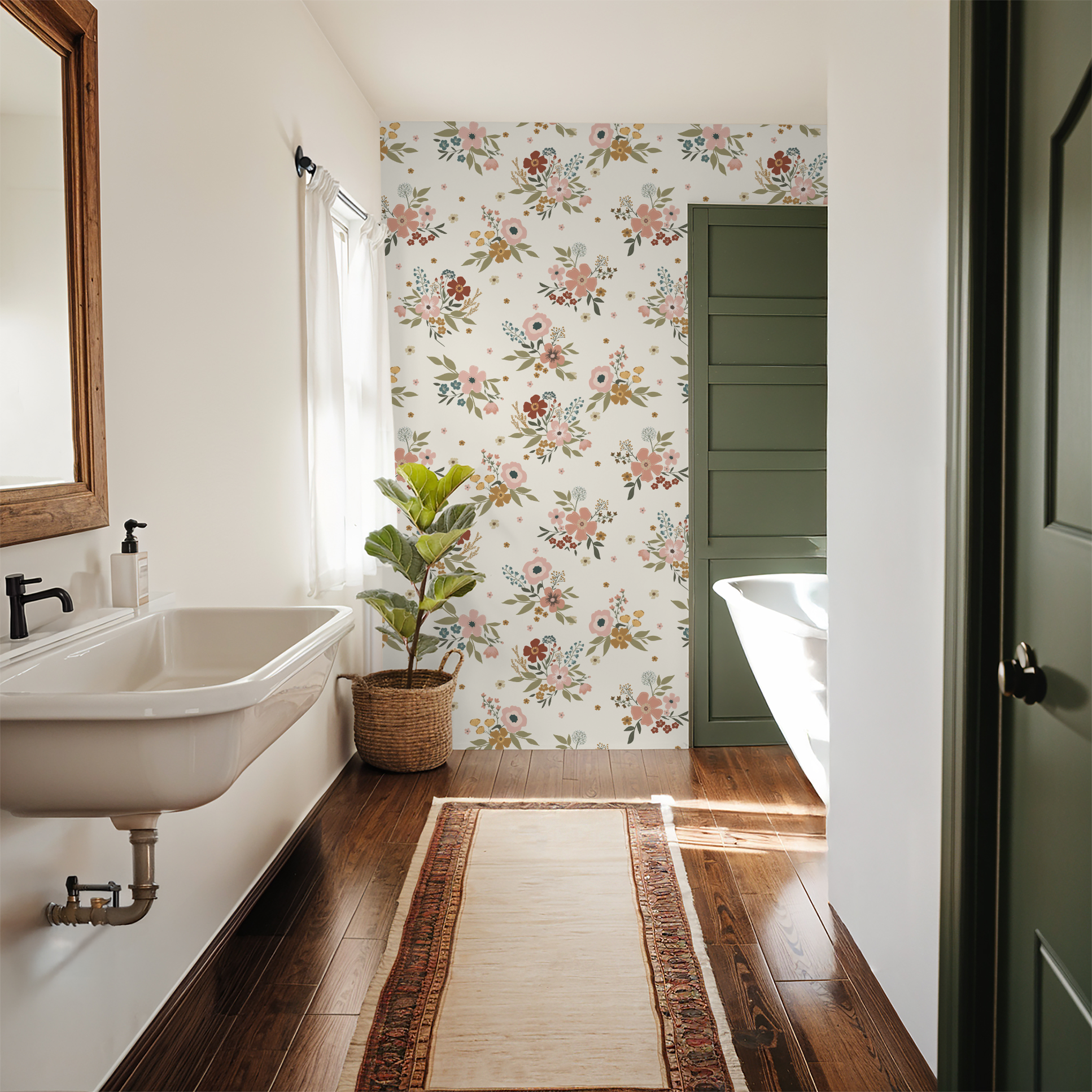 Bathroom with floral wallpaper, sink, and plant