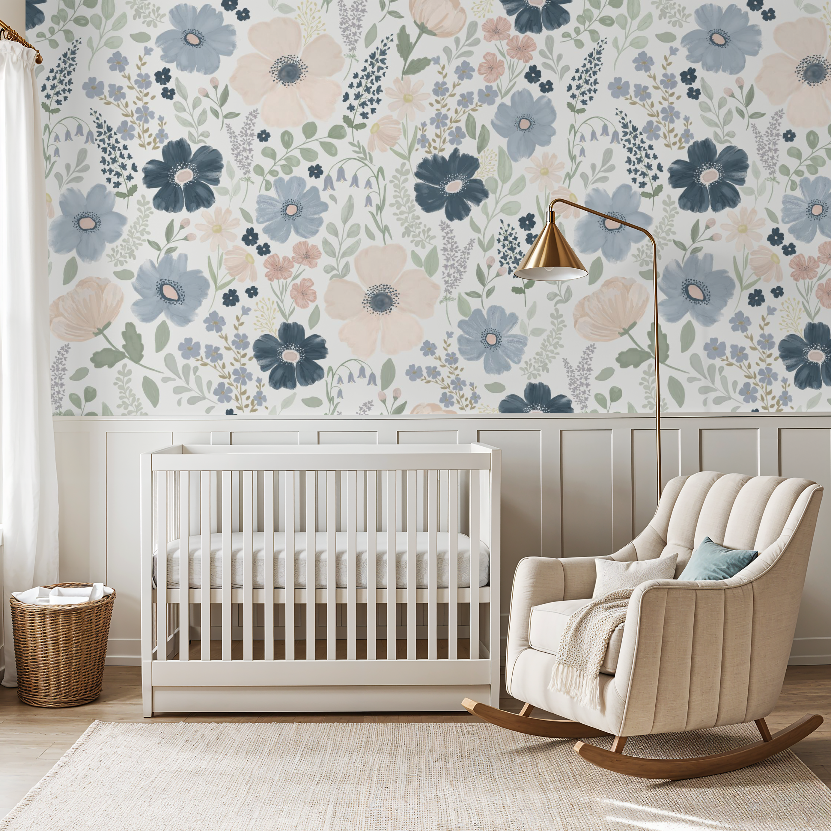 Large-scale navy and blush anemone floral mural in a nursery with white crib, wainscoting, and beige rocking chair.