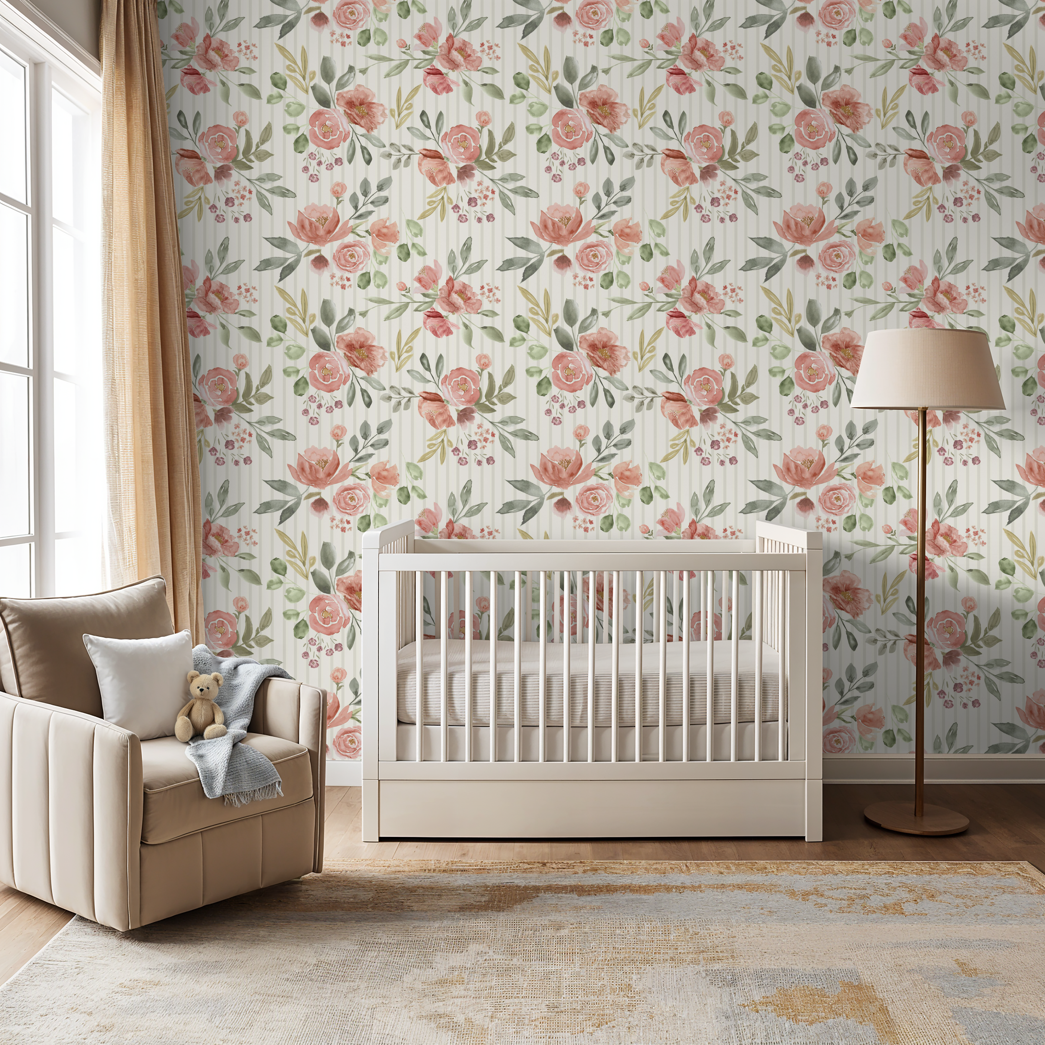 Nursery room with floral wallpaper, crib, and armchair.