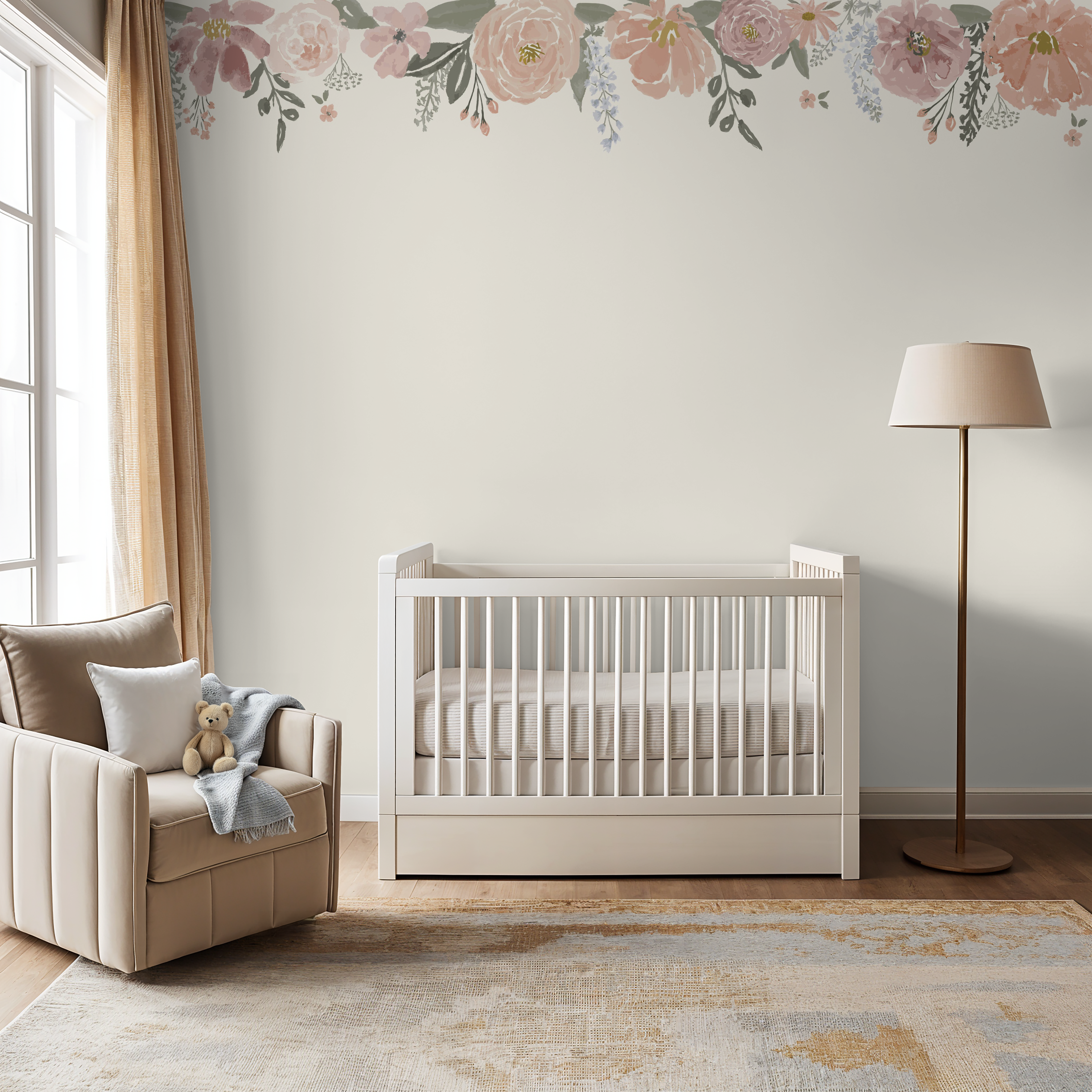 Nursery room with a crib, chair, and decorative wallpaper mural.