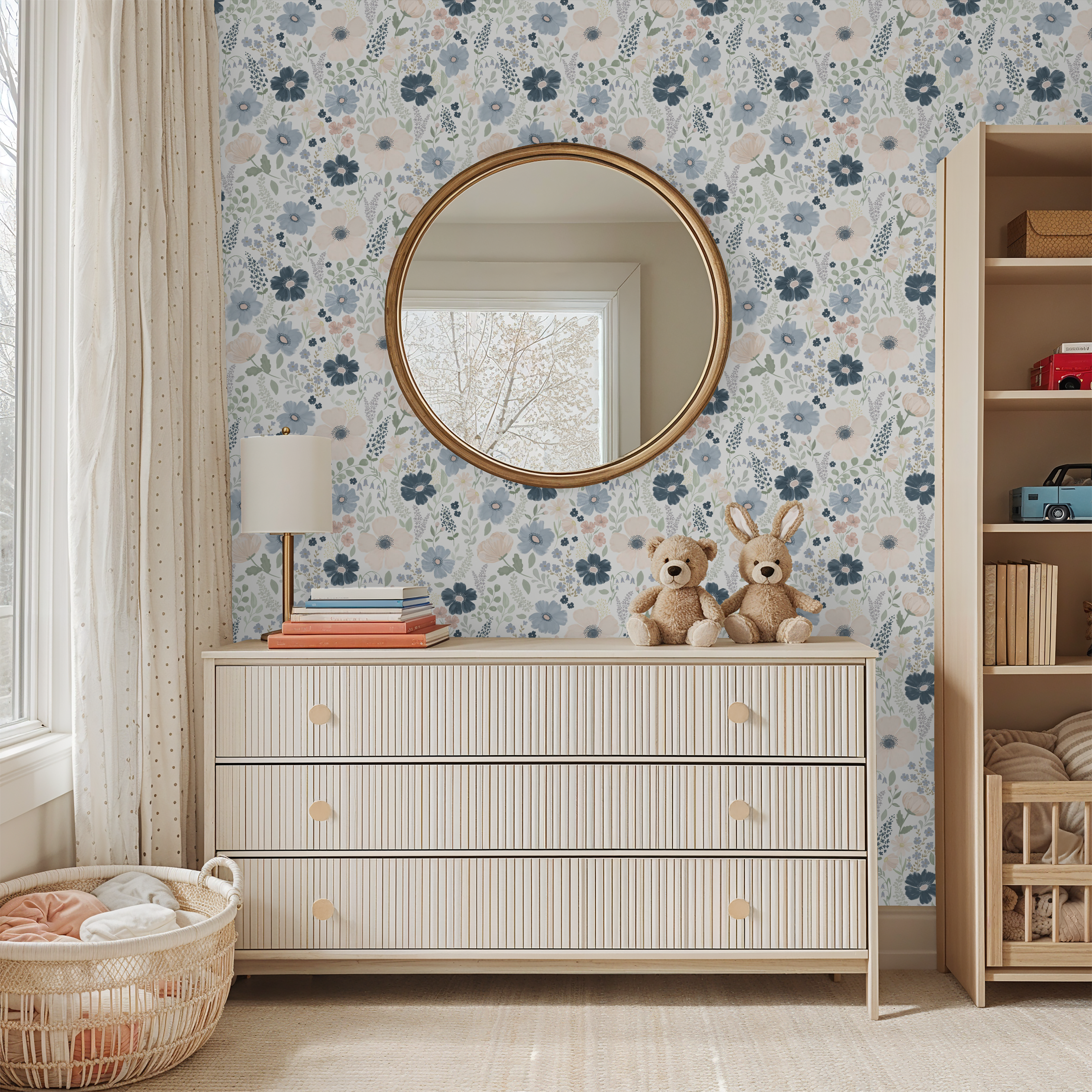 Anemone Floral Wallpaper – Blue and Blush Gouache Design