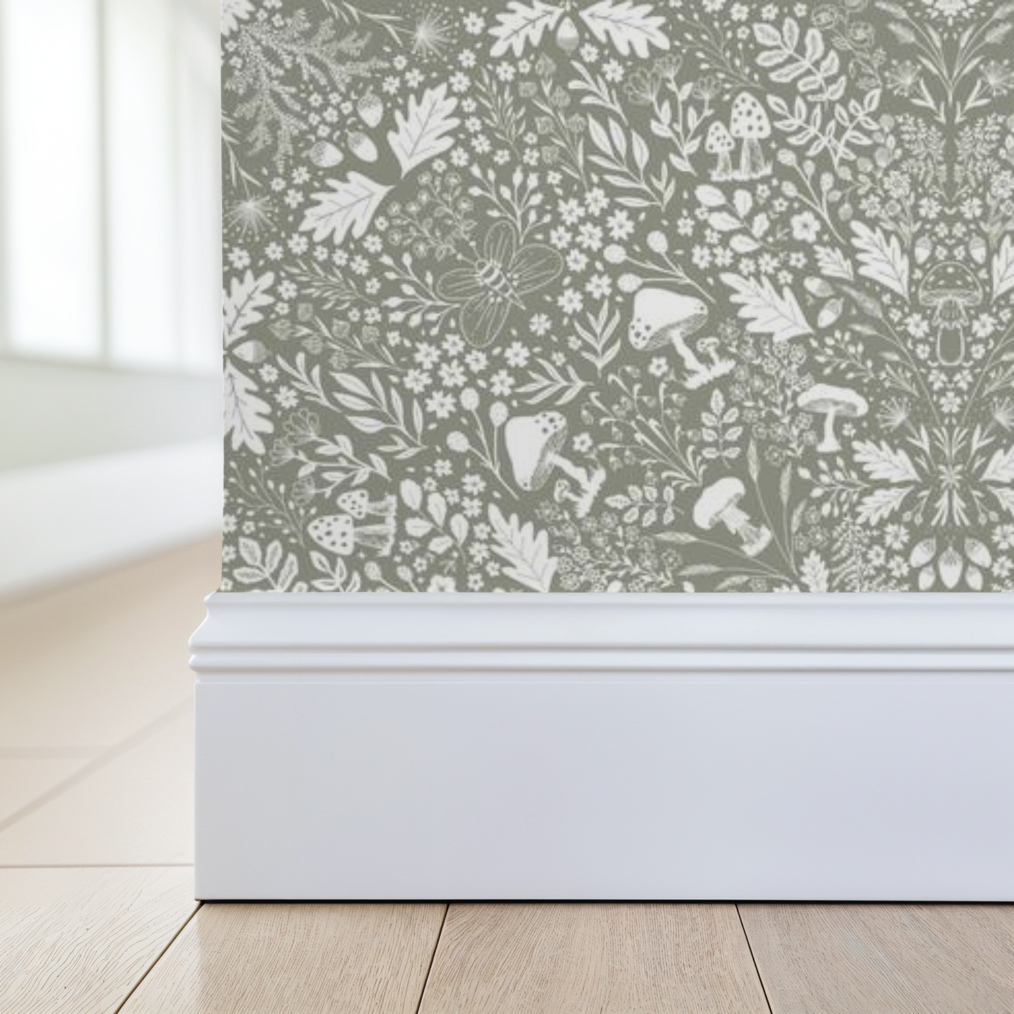 Wallpaper with nature-themed design featuring plants and mushrooms on a neutral background.