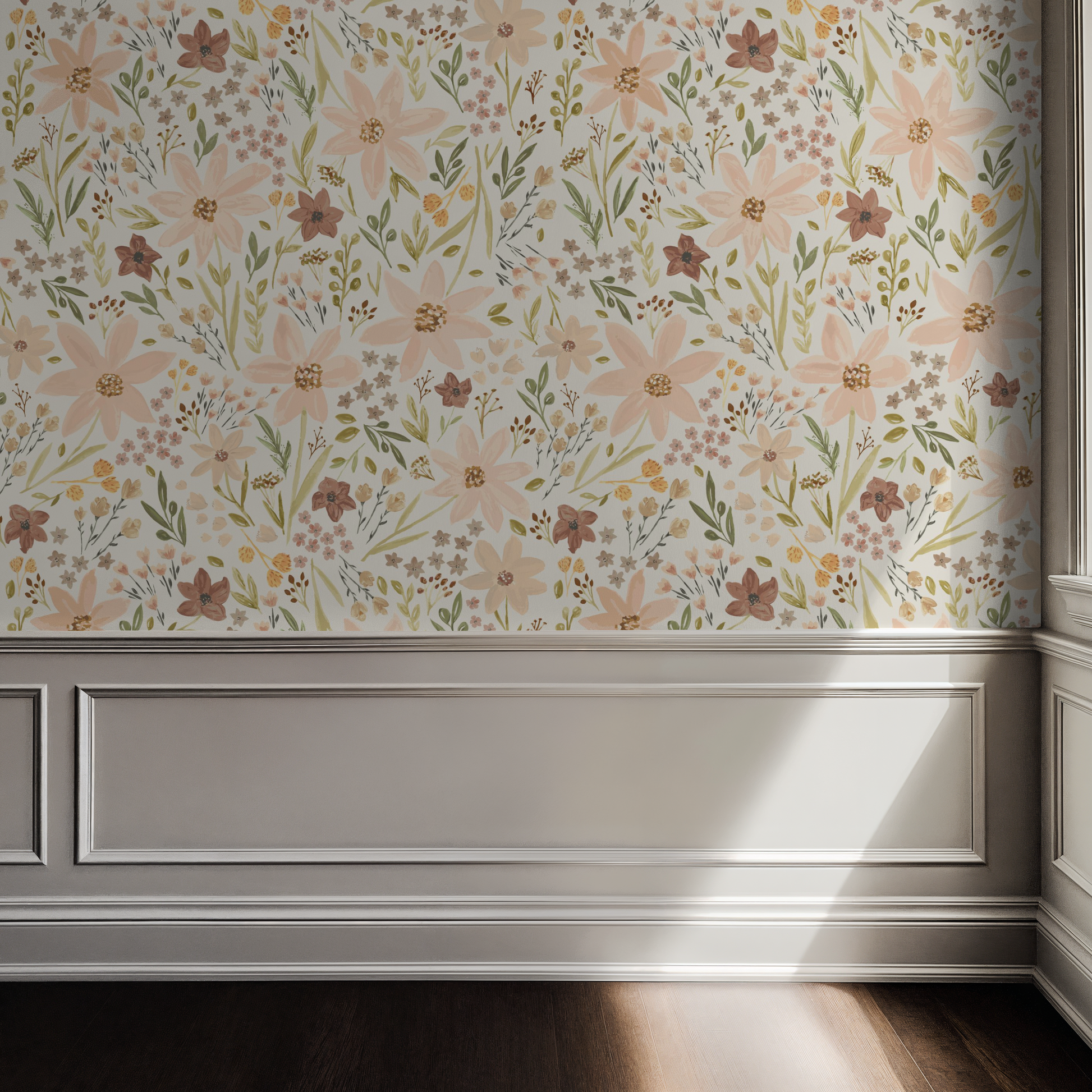 Floral wallpaper with a neutral color palette on a wall with a wainscoted baseboard.