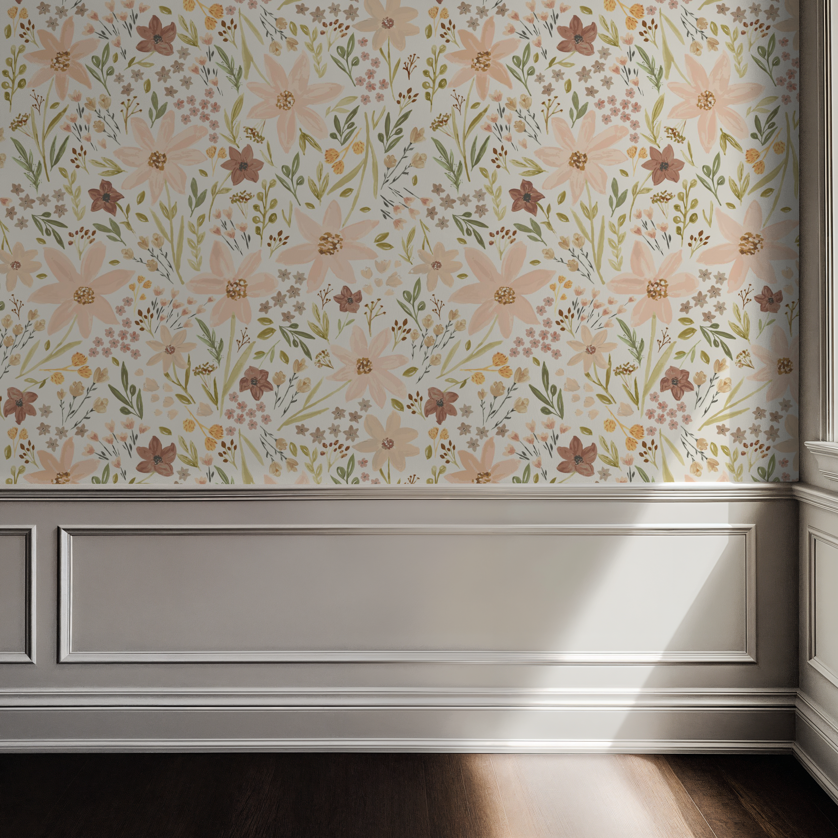 Softly lit wall with Daisy Fall Dreams wallpaper, revealing peach daisies, warm browns, and gentle greenery in a hand-painted style.