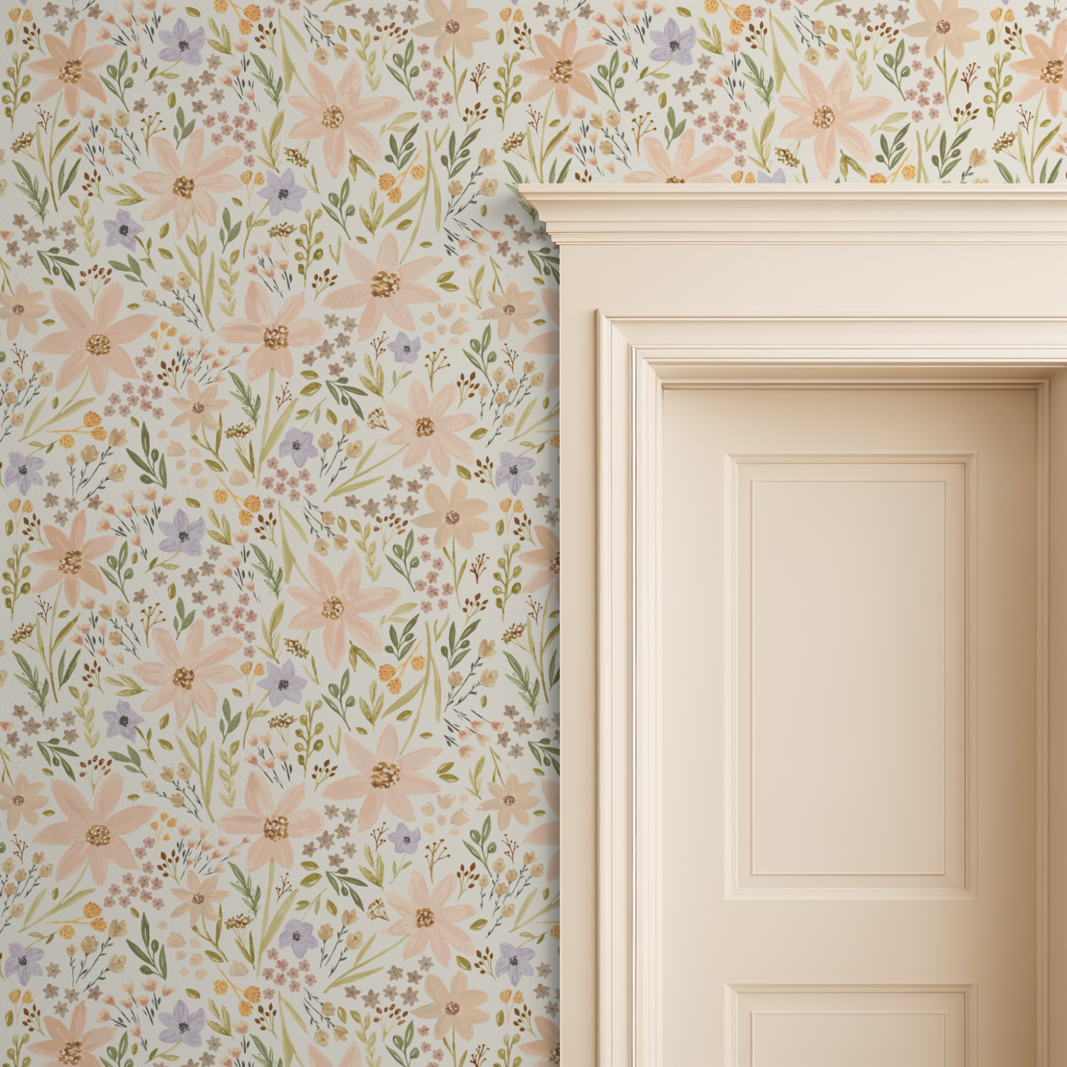 Close-up view of Daisy Spring Dreams wallpaper beside a cream doorframe, showing blush, gold, and lavender florals.