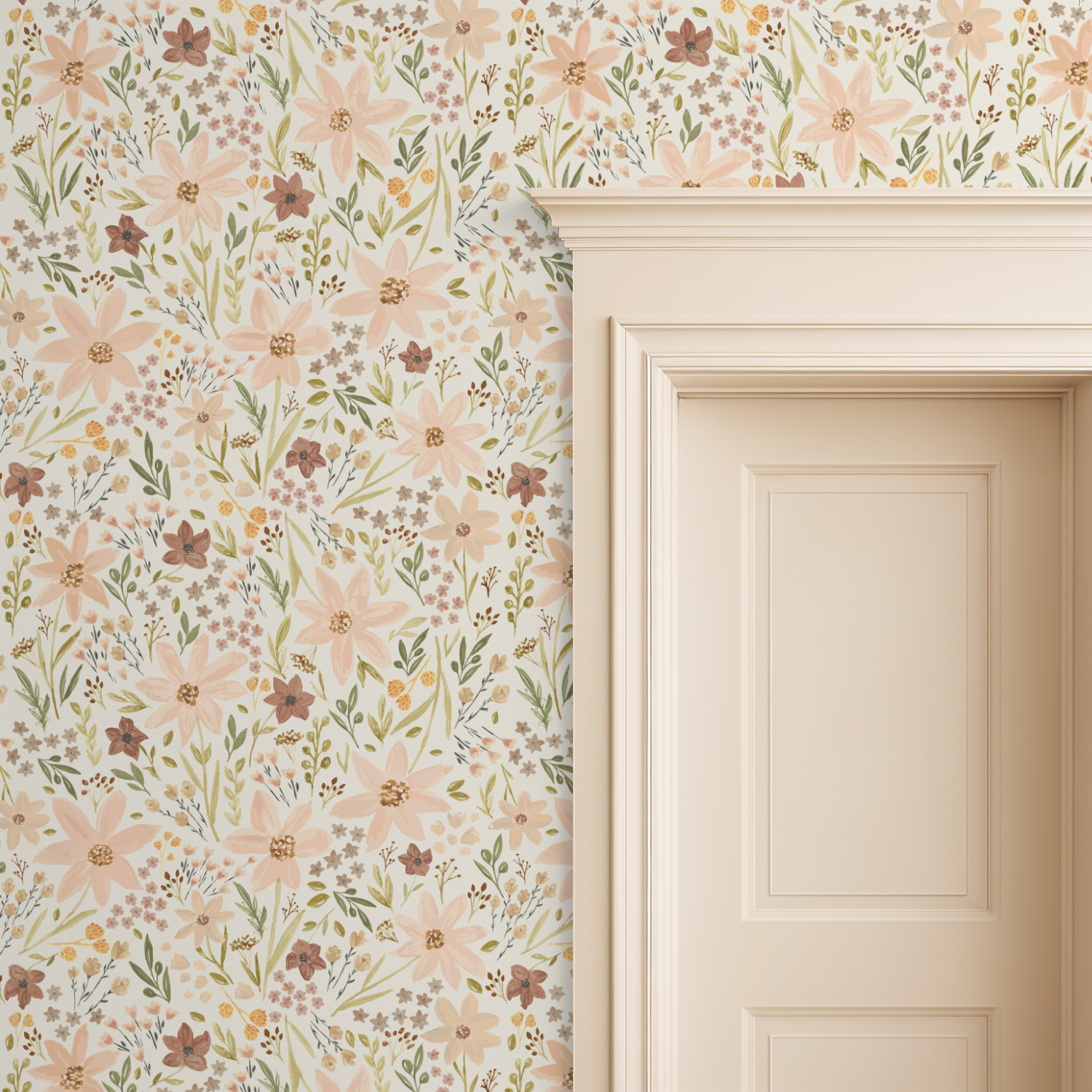Floral wallpaper with a neutral color scheme on a wall next to a white door.