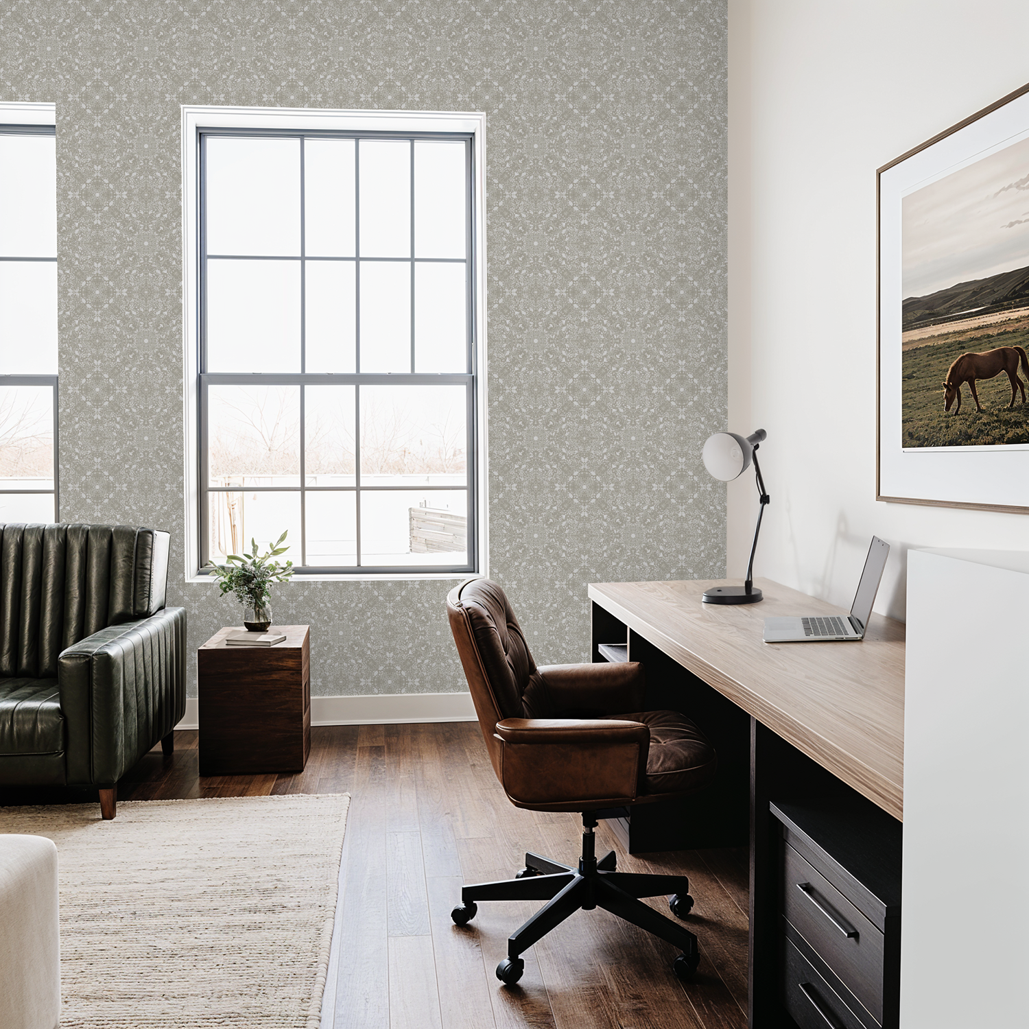 Taupe and cream wallpaper with intricate pattern in Modern home office with a desk, chair, and large window.