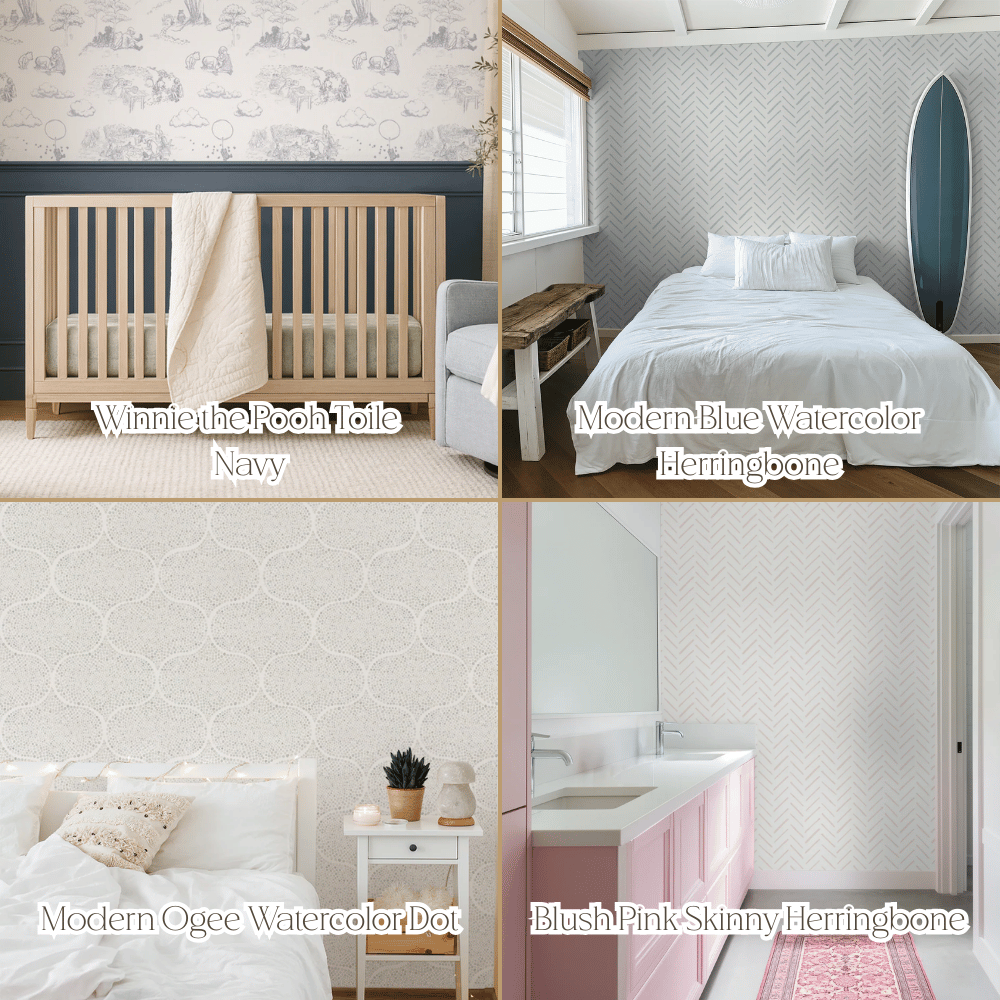 Collage of nursery and bedroom wallpaper designs featuring classic Winnie the Pooh toile in navy, modern blue watercolor herringbone, ogee watercolor dot, and blush pink skinny herringbone — custom nursery décor and personalized kids’ room wallpaper for creating a timeless, storybook-inspired baby space.