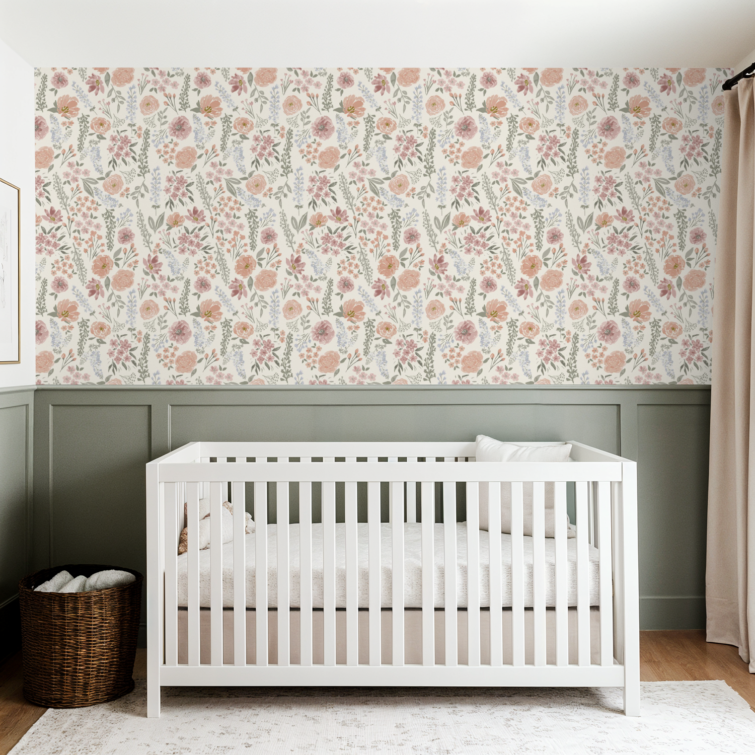 Nursery room with a white crib against floral wallpaper.
