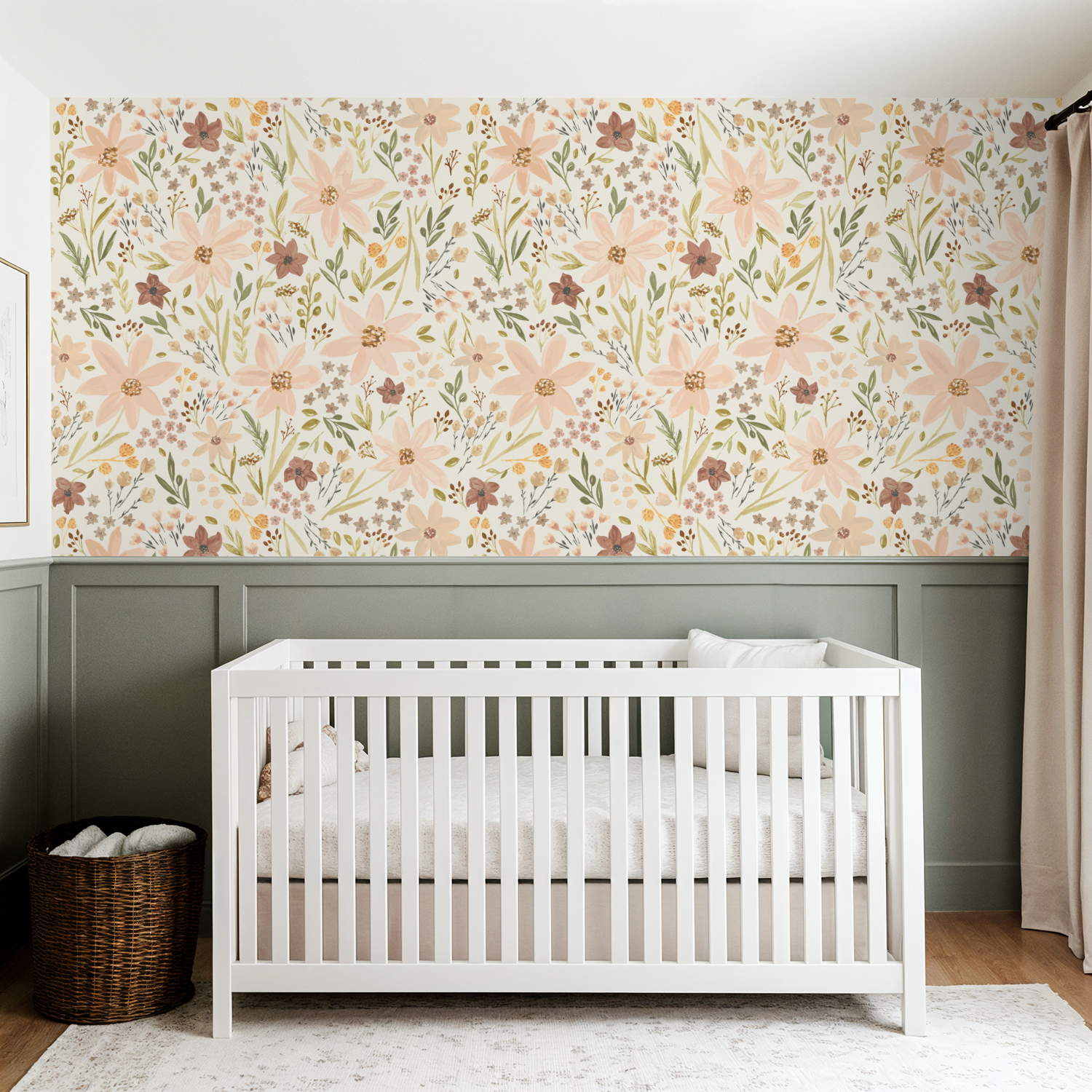 White crib in a room with floral wallpaper and a basket on the floor.